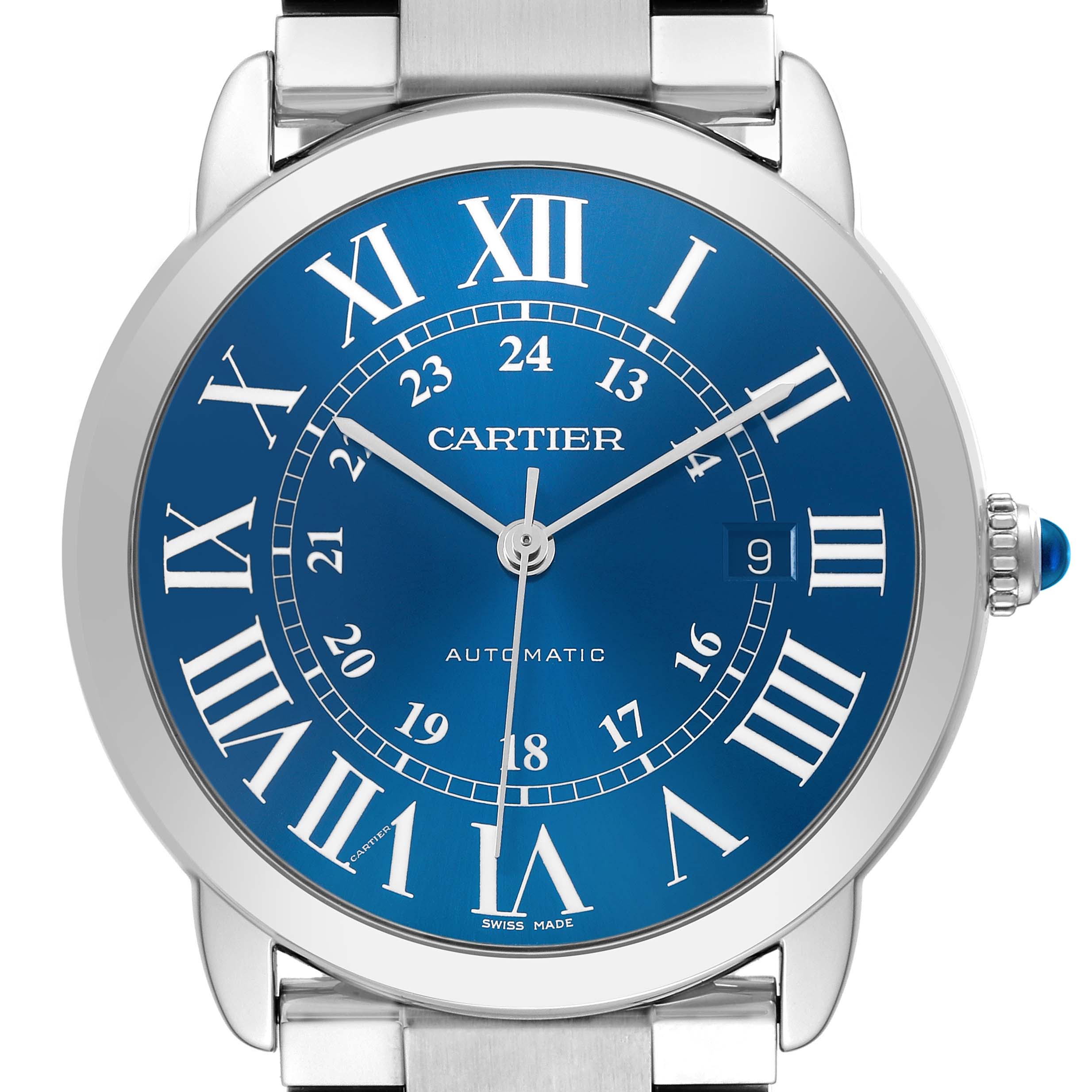 The Cartier Ronde WSRN0023 Men's Stainless Steel Blue Dial watch is shown from a front angle, featuring its blue dial, Roman numerals, and metal bracelet.