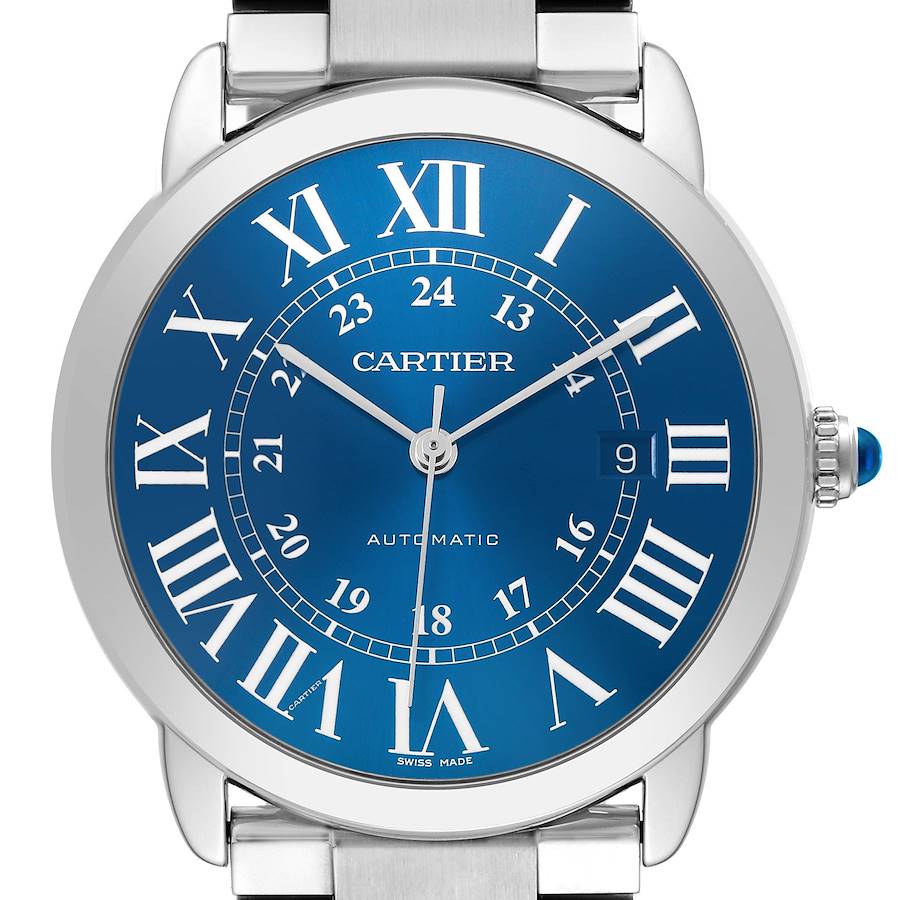 The Cartier Ronde WSRN0023 Men's Stainless Steel Blue Dial watch is shown from a front angle, featuring its blue dial, Roman numerals, and metal bracelet.