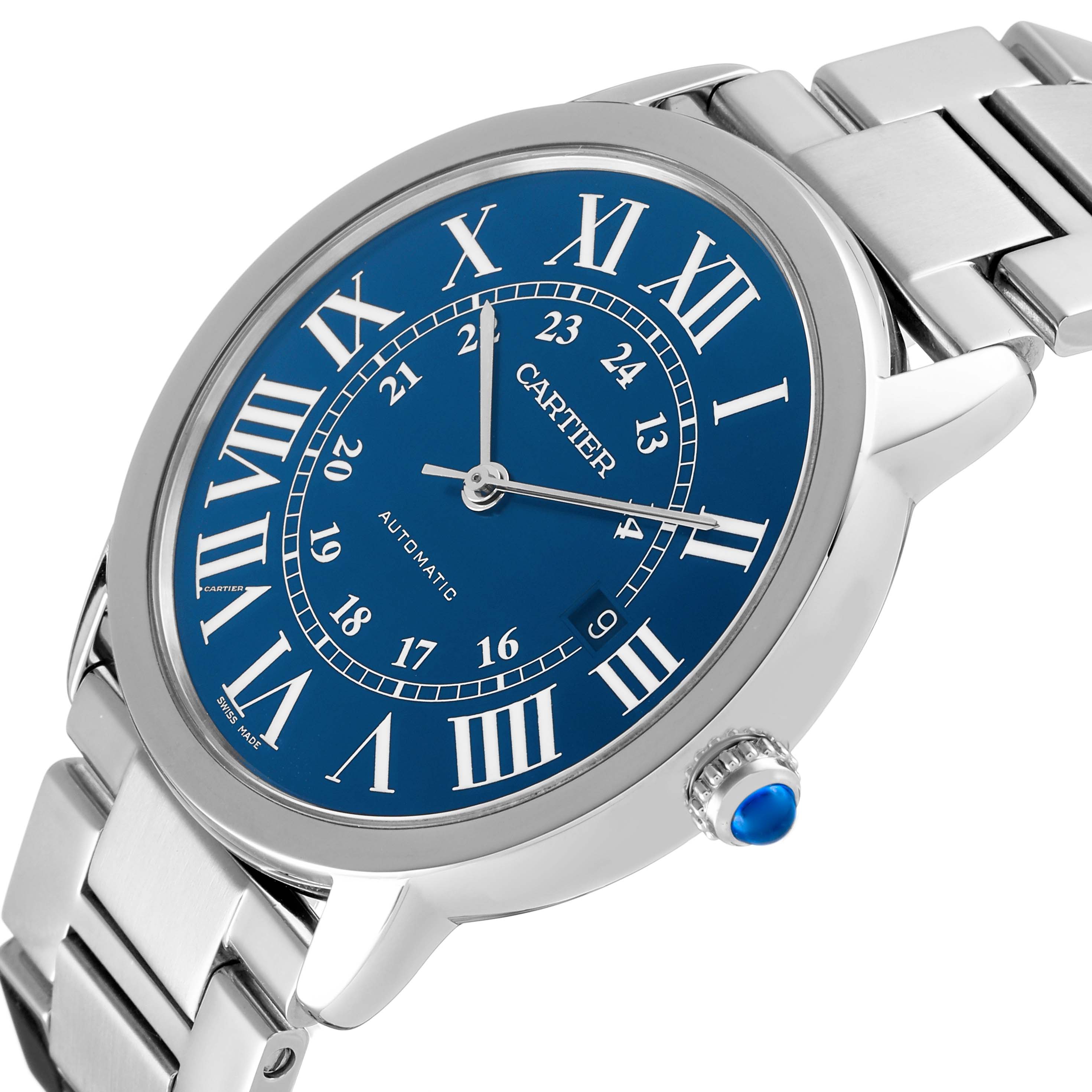 The Cartier Ronde WSRN0023 Men's Stainless Steel Blue Dial watch is shown from a slight side angle, highlighting its blue dial, Roman numerals, and bracelet.