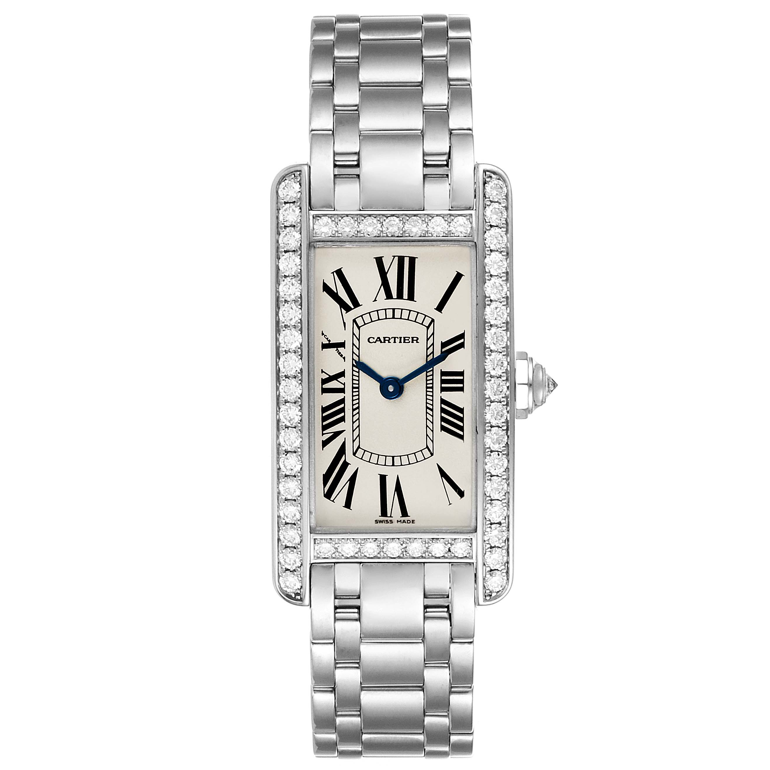 The image shows a head-on view of the Cartier Tank Americaine WB7073L1 Women's White Gold Silver Dial WB7073L1 Women's White Gold Silver Dial watch, highlighting the face, bracelet, and side crown.