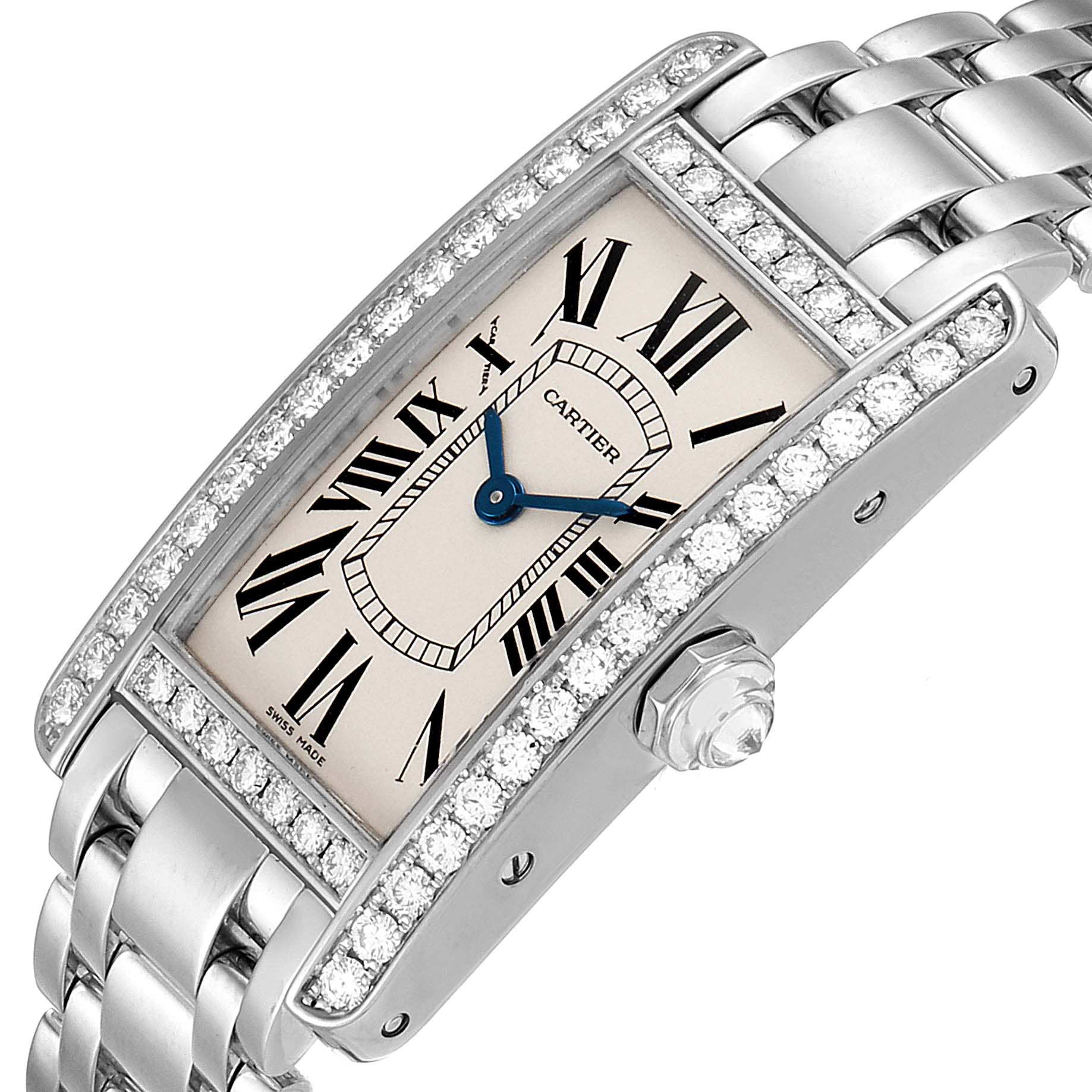 This is a close-up angle showing the dial, bezel, and part of the bracelet of the Cartier Tank Americaine WB7073L1 Women's White Gold Silver Dial WB7073L1 Women's White Gold Silver Dial watch.