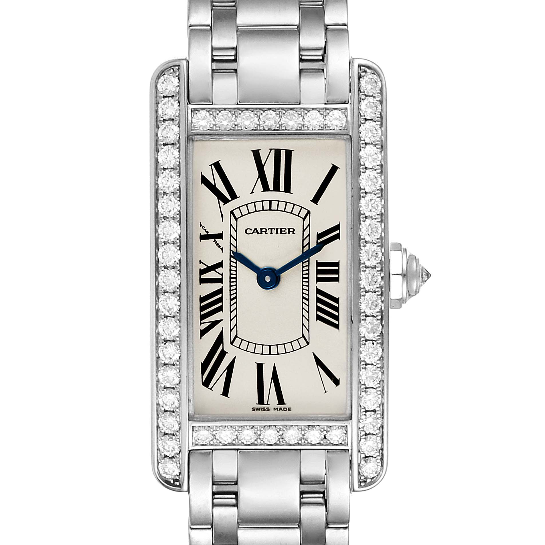 This Cartier Tank Americaine WB7073L1 Women's White Gold Silver Dial WB7073L1 Women's White Gold Silver Dial watch is shown from a top-down angle, highlighting its rectangular face, Roman numerals, and metal bracelet.