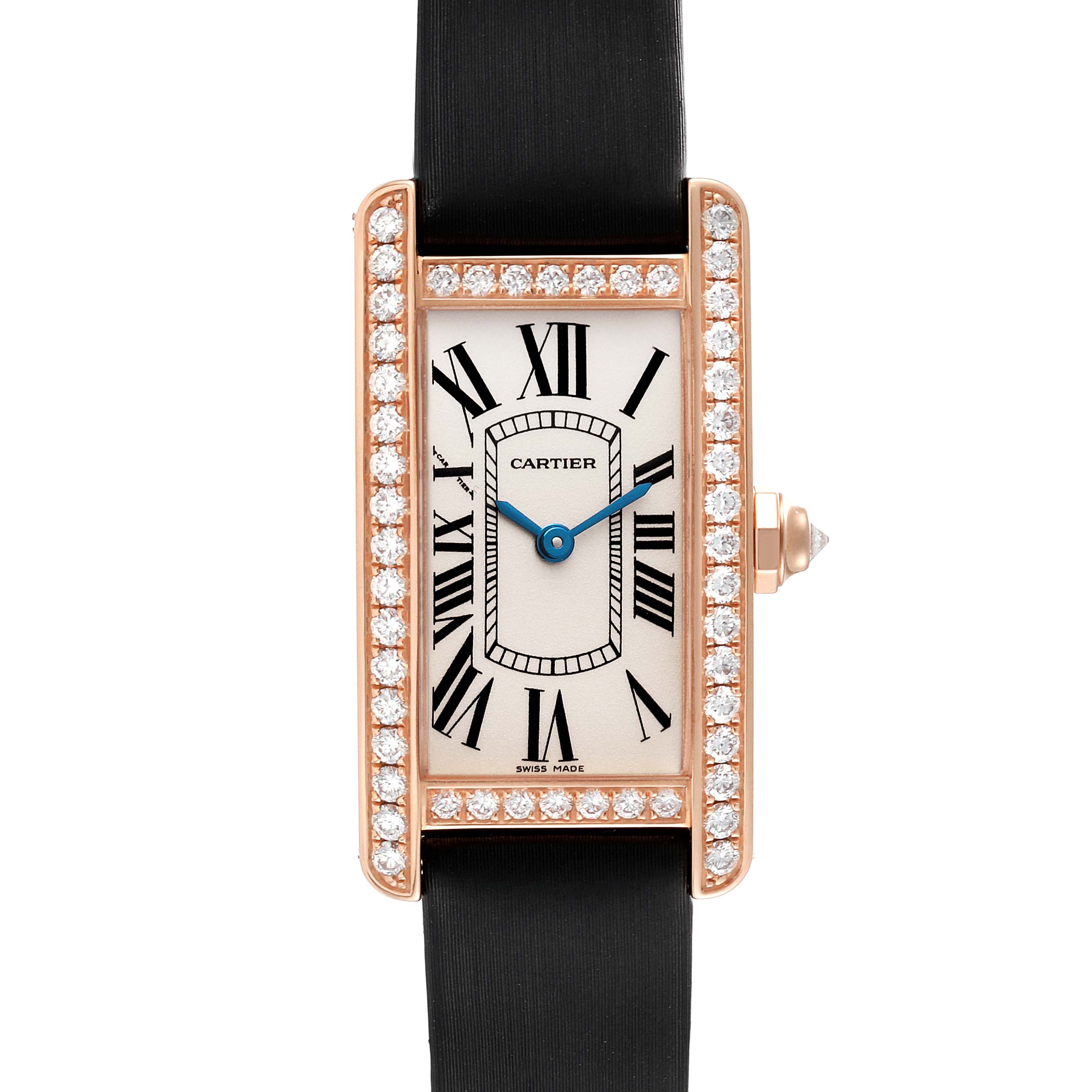 The Tank Americaine by Cartier is shown from a front angle, highlighting its diamond-set bezel and black strap.