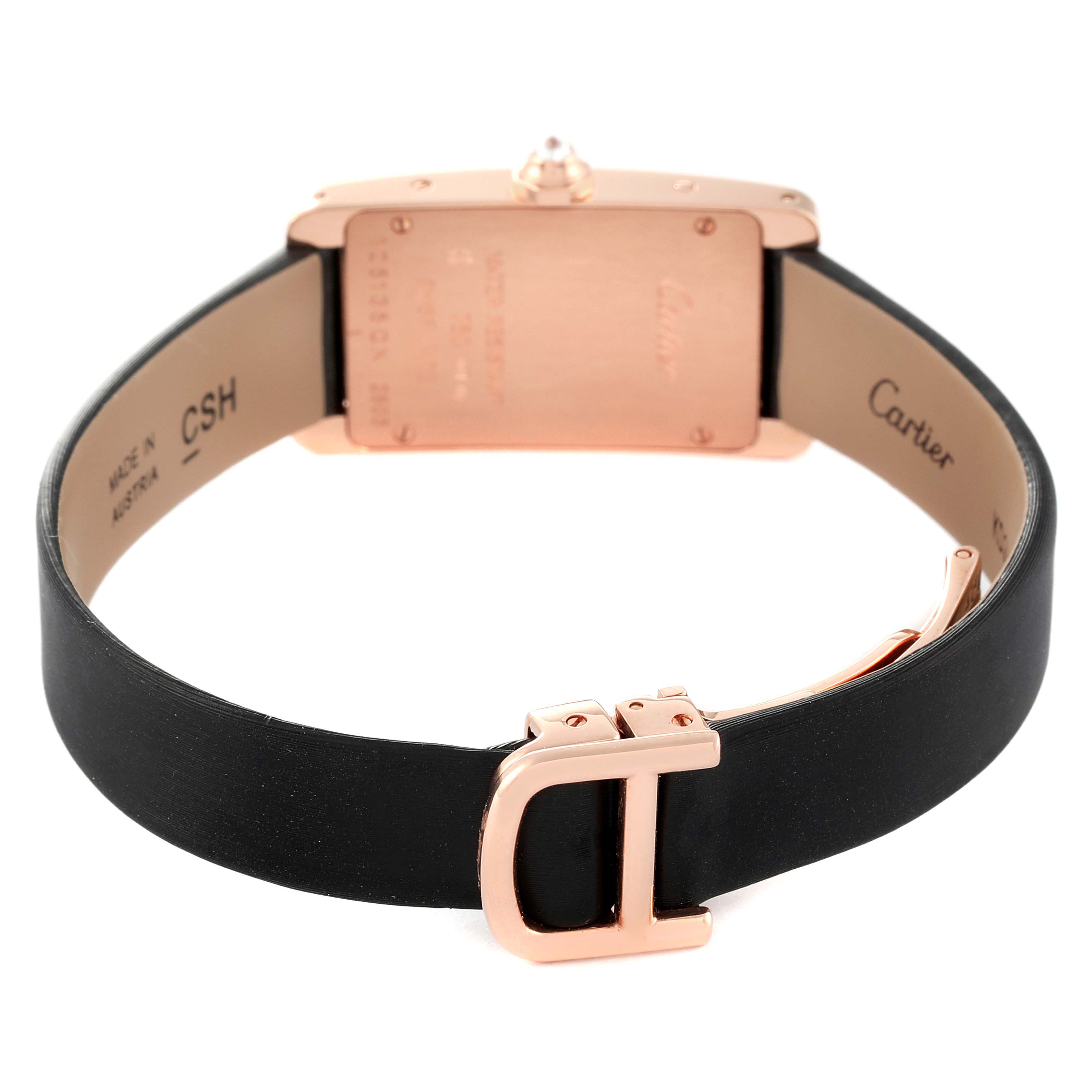 The image shows the back of the Cartier Tank Americaine WJTA0002 Women's Rose Gold Silver Dial WJTA0002 Women's Rose Gold Silver Dial watch, including its case and black leather strap with a clasp.