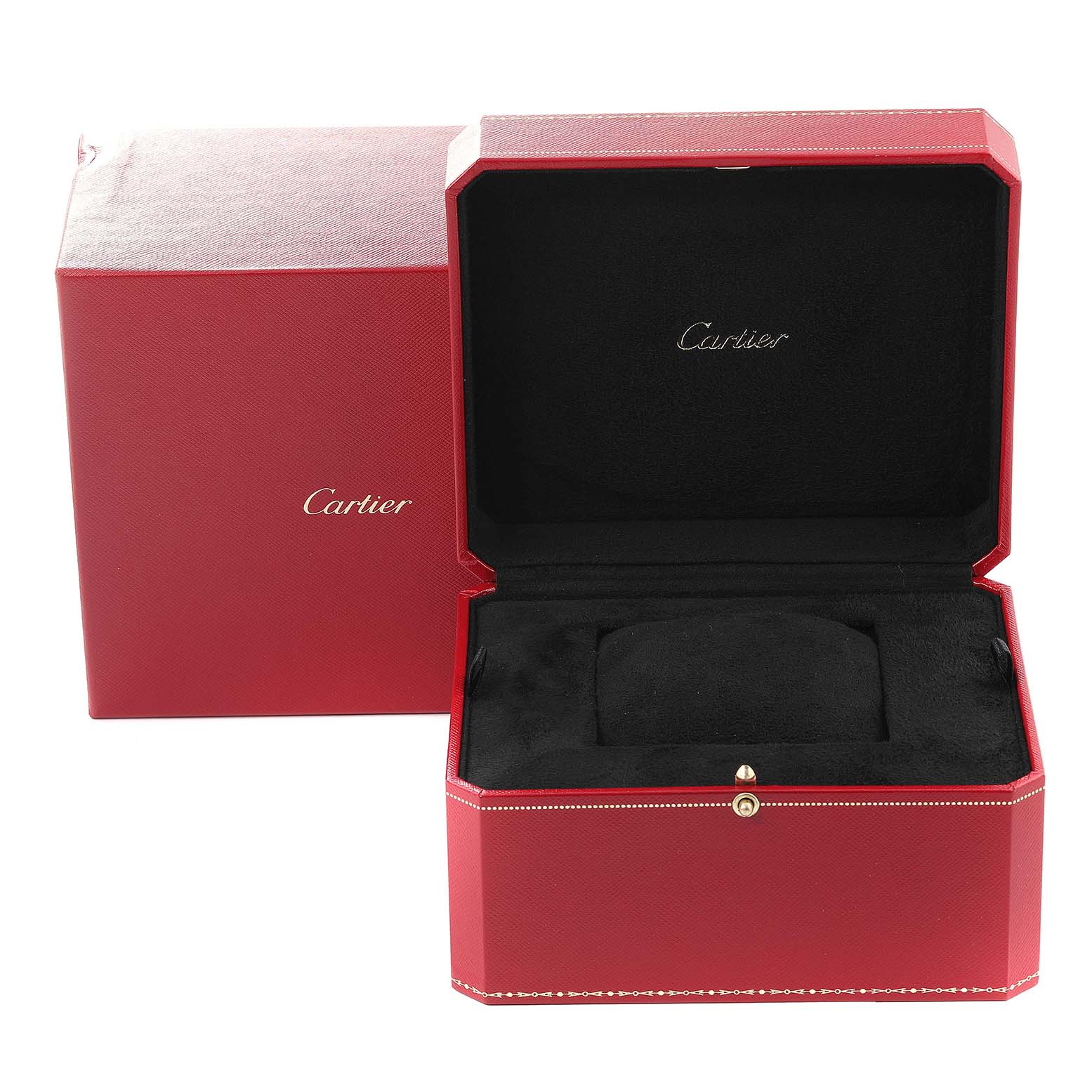 The image shows an open and closed red Cartier box for the Tank Américaine watch, displaying the interior and exterior branded packaging.