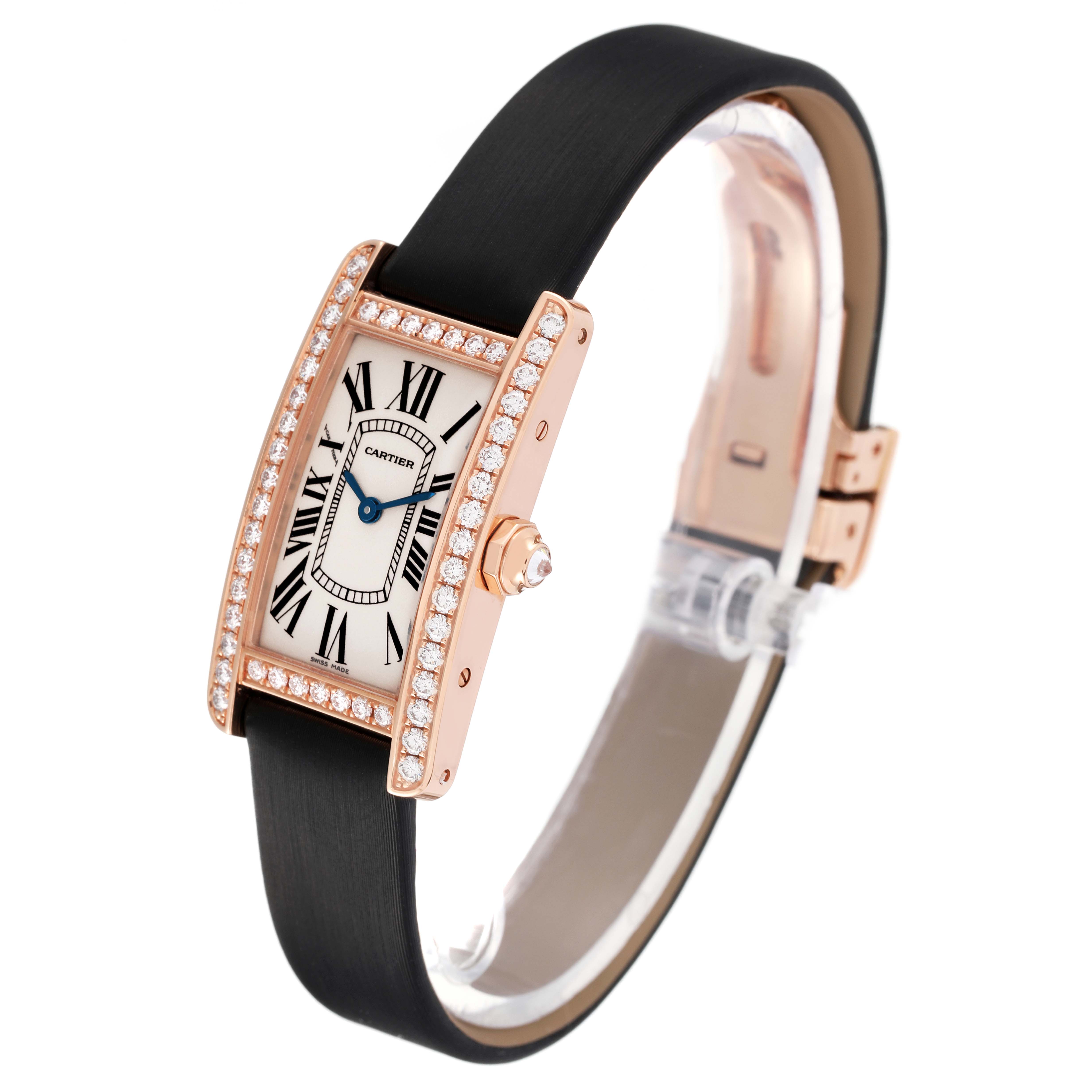 This image shows a Cartier Tank Americaine WJTA0002 Women's Rose Gold Silver Dial WJTA0002 Women's Rose Gold Silver Dial watch, displaying its face, bezel, strap, and side crown at an angle.