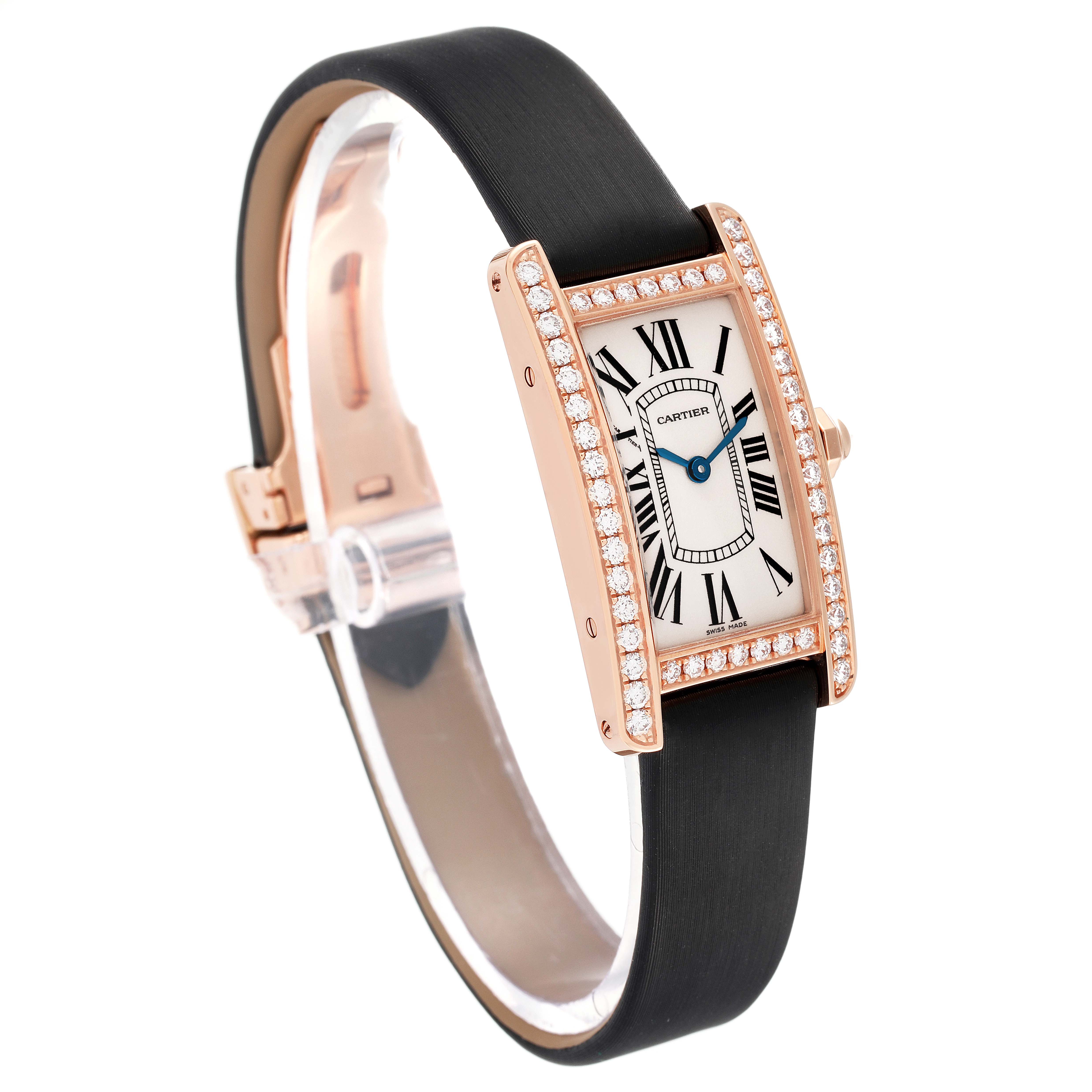 The image shows a side view of the Cartier Tank Américaine watch, highlighting its rectangular face, diamond-set bezel, and black strap.