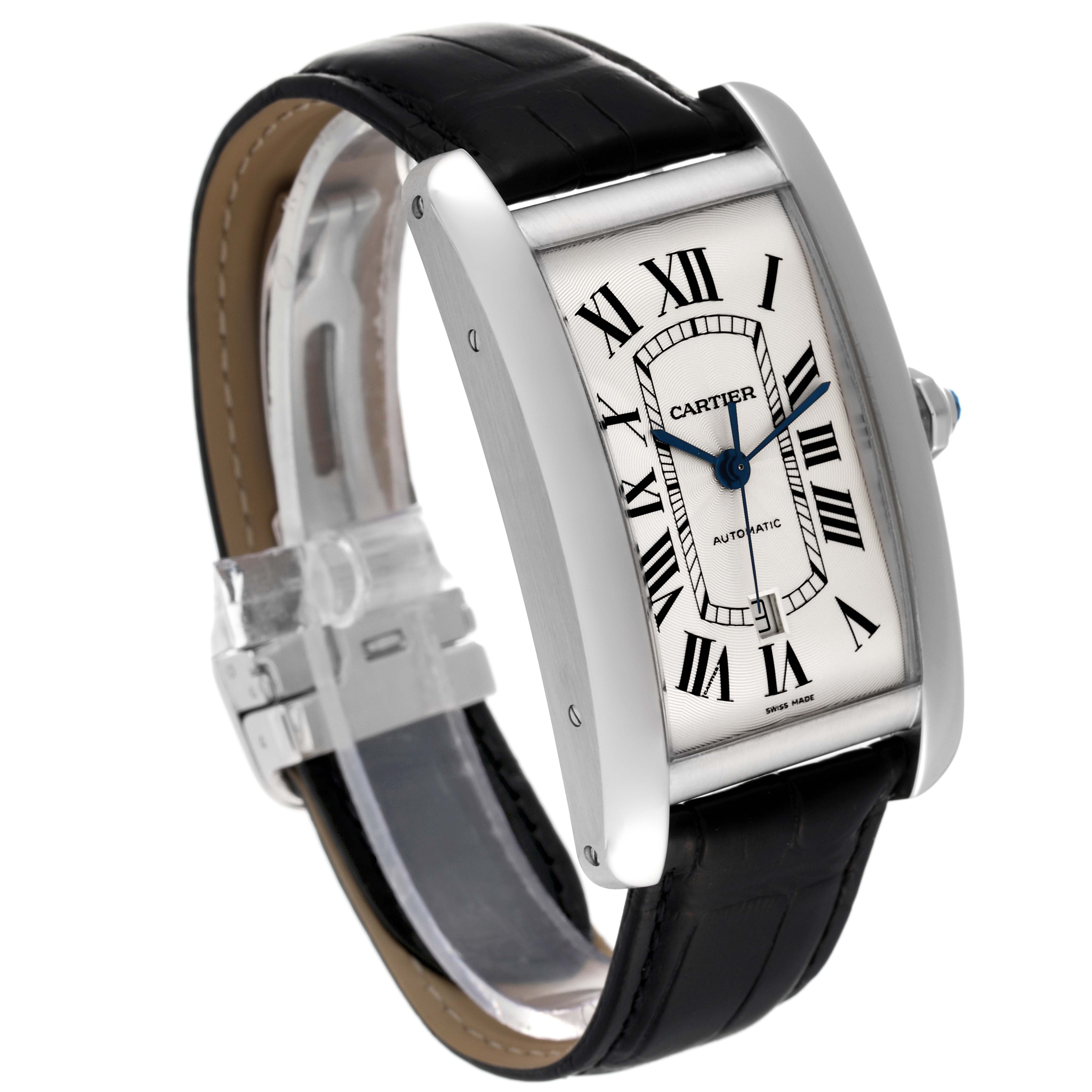 This image shows a Cartier Tank Americaine W2609956 Men's White Gold Silver Dial W2609956 Men's White Gold Silver Dial watch from a front angle, highlighting its rectangular dial, Roman numerals, and black leather strap.