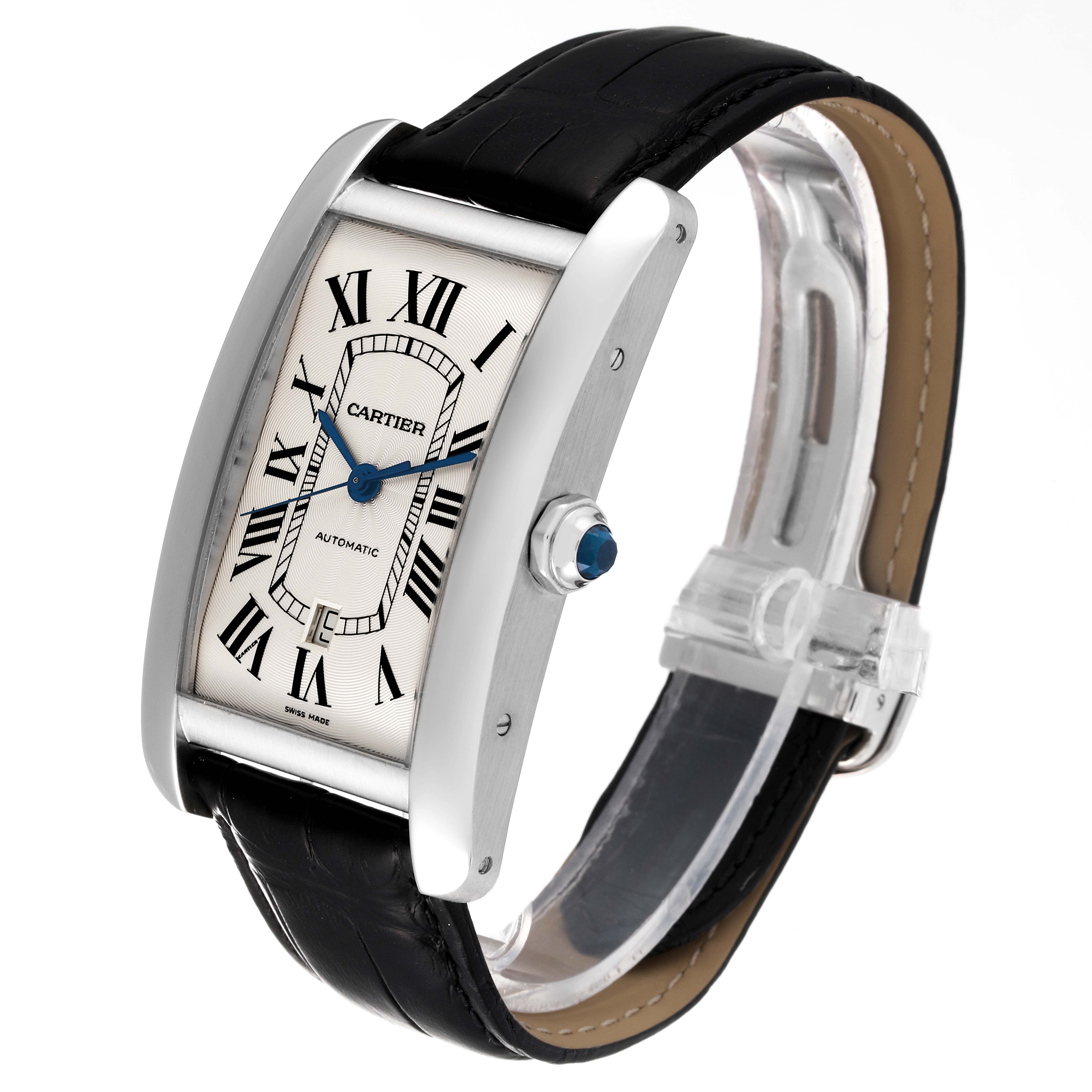 The image shows a Cartier Tank Americaine W2609956 Men's White Gold Silver Dial W2609956 Men's White Gold Silver Dial watch at a slight angle, highlighting the face, case, crown, and black leather strap.