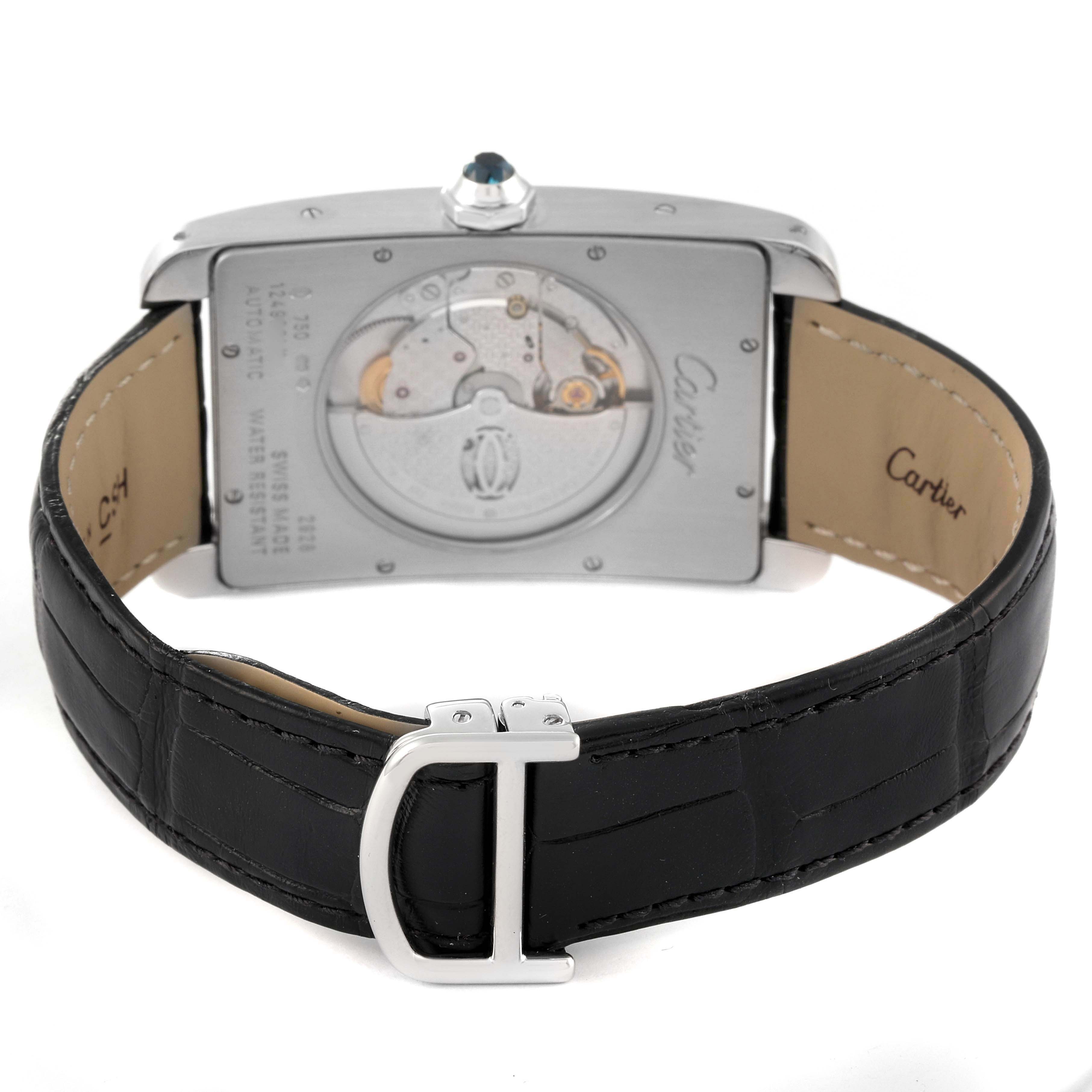 This image shows the back view of a Cartier Tank Americaine W2609956 Men's White Gold Silver Dial W2609956 Men's White Gold Silver Dial watch, including the case back and black leather strap with buckle.