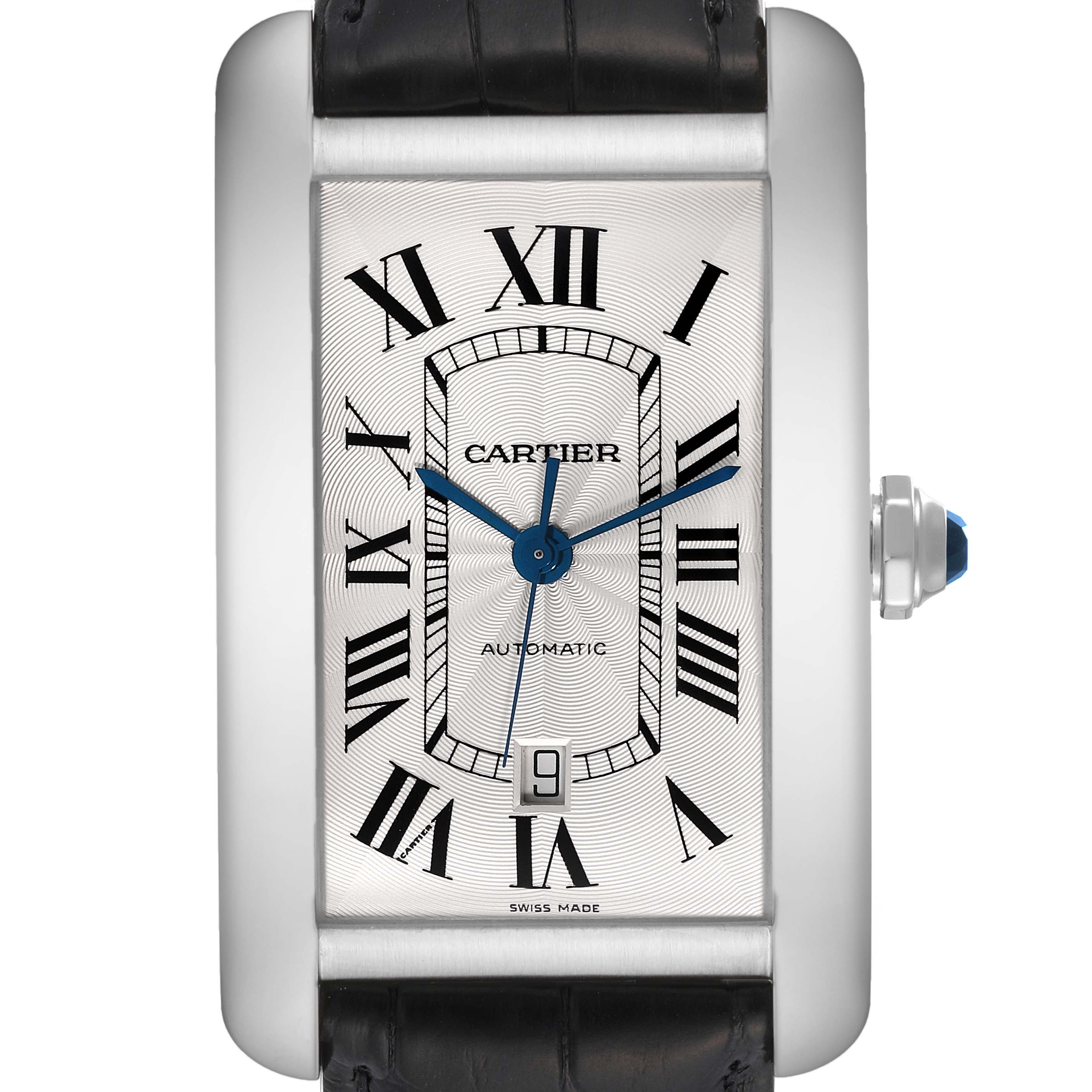 The image shows a front view of the Cartier Tank Americaine W2609956 Men's White Gold Silver Dial W2609956 Men's White Gold Silver Dial watch, displaying its dial, Roman numerals, and blue hands.