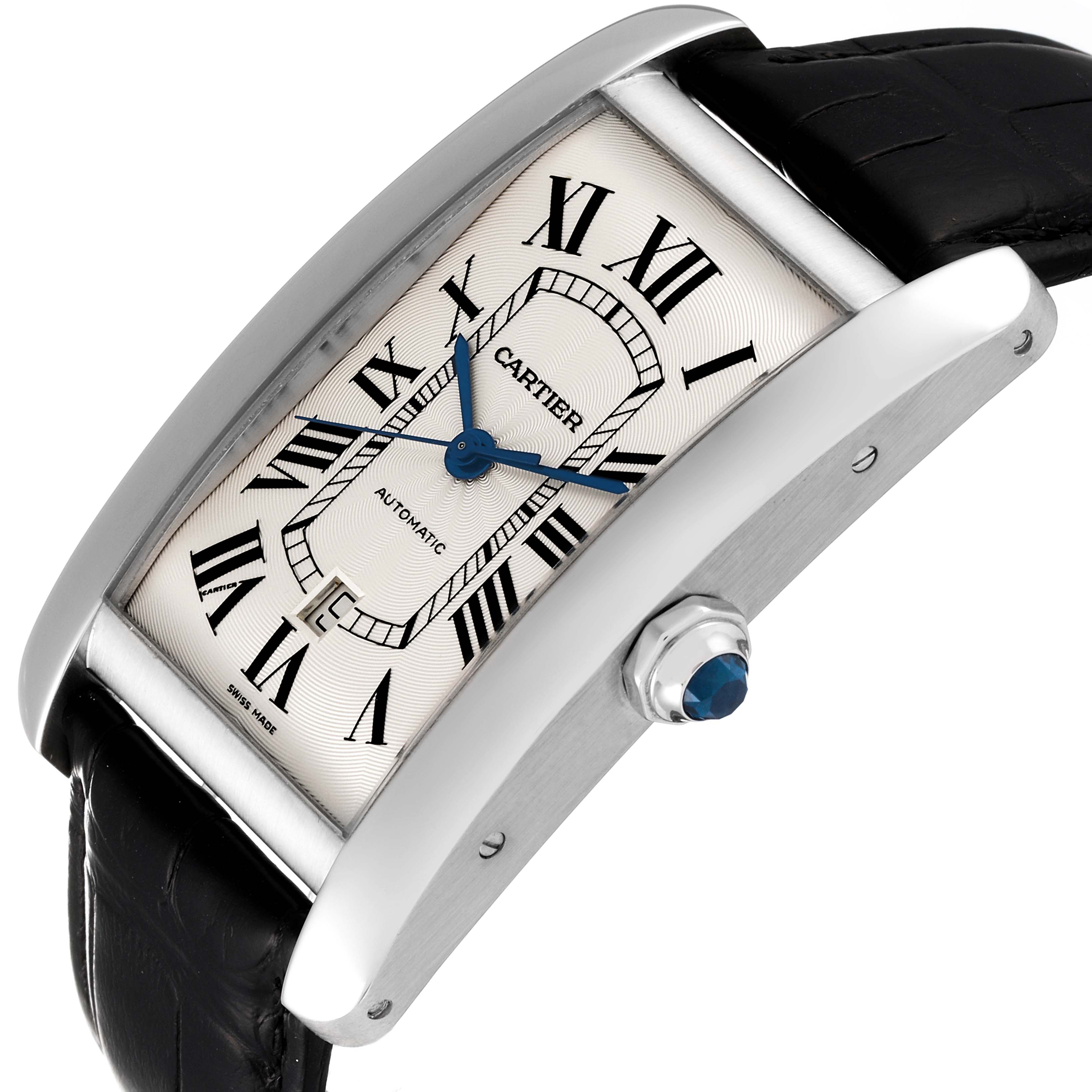 The image shows a close-up side angle of a Cartier Tank Americaine W2609956 Men's White Gold Silver Dial W2609956 Men's White Gold Silver Dial watch, highlighting its face, crown, and leather strap.