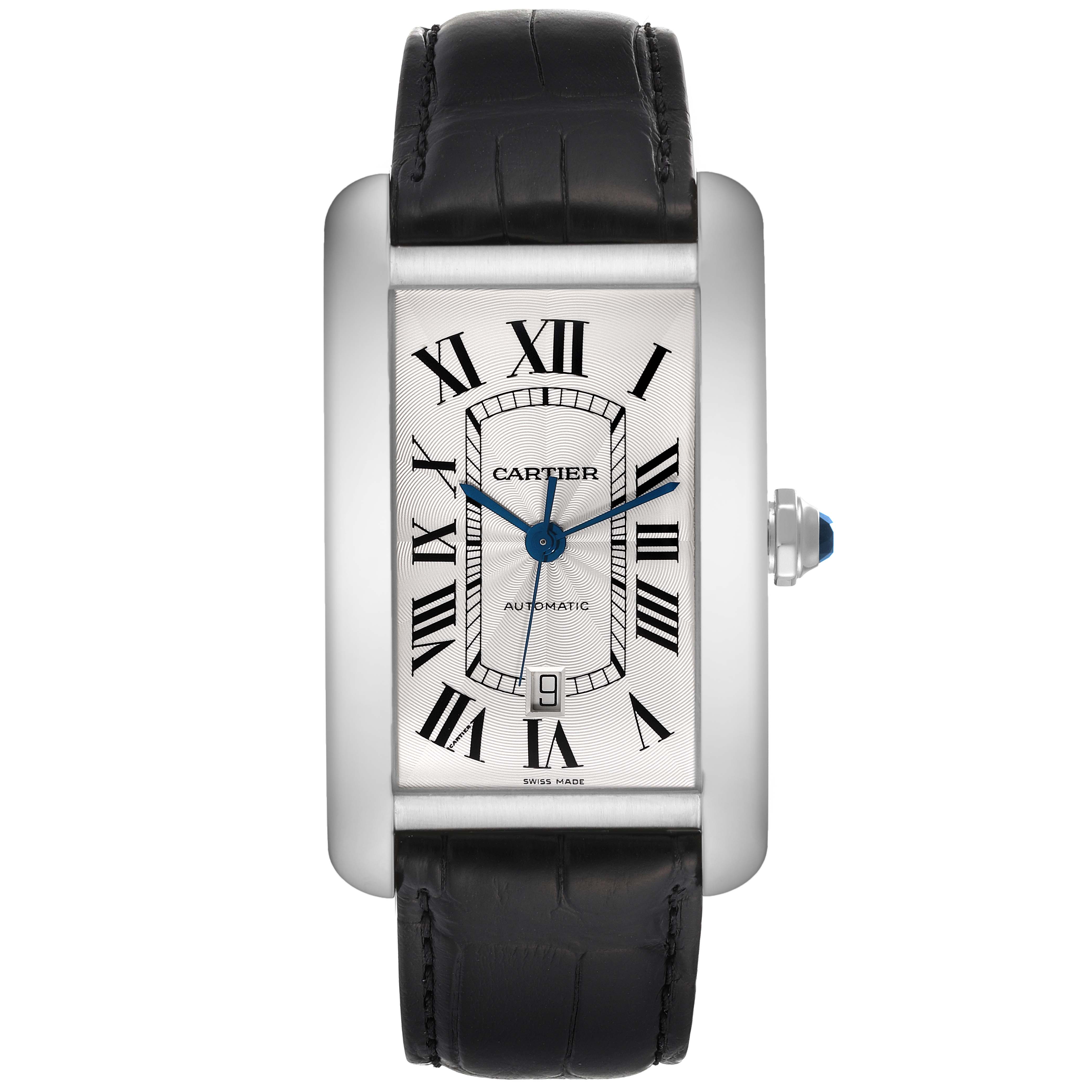 The Tank Americaine by Cartier is shown from a front angle, displaying the dial, case, and strap.