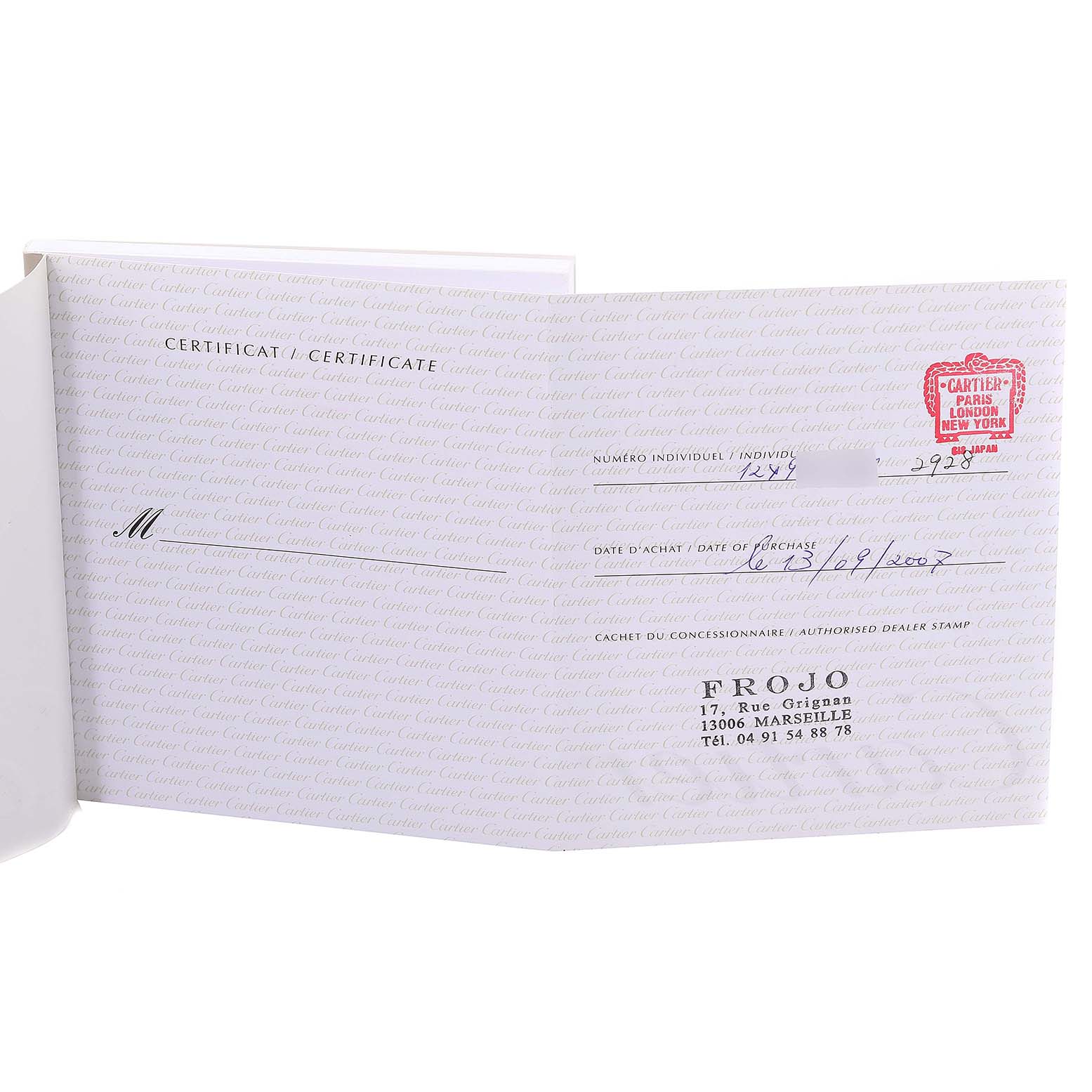 This image shows the authenticity certificate for the Tank Américaine model by Cartier.