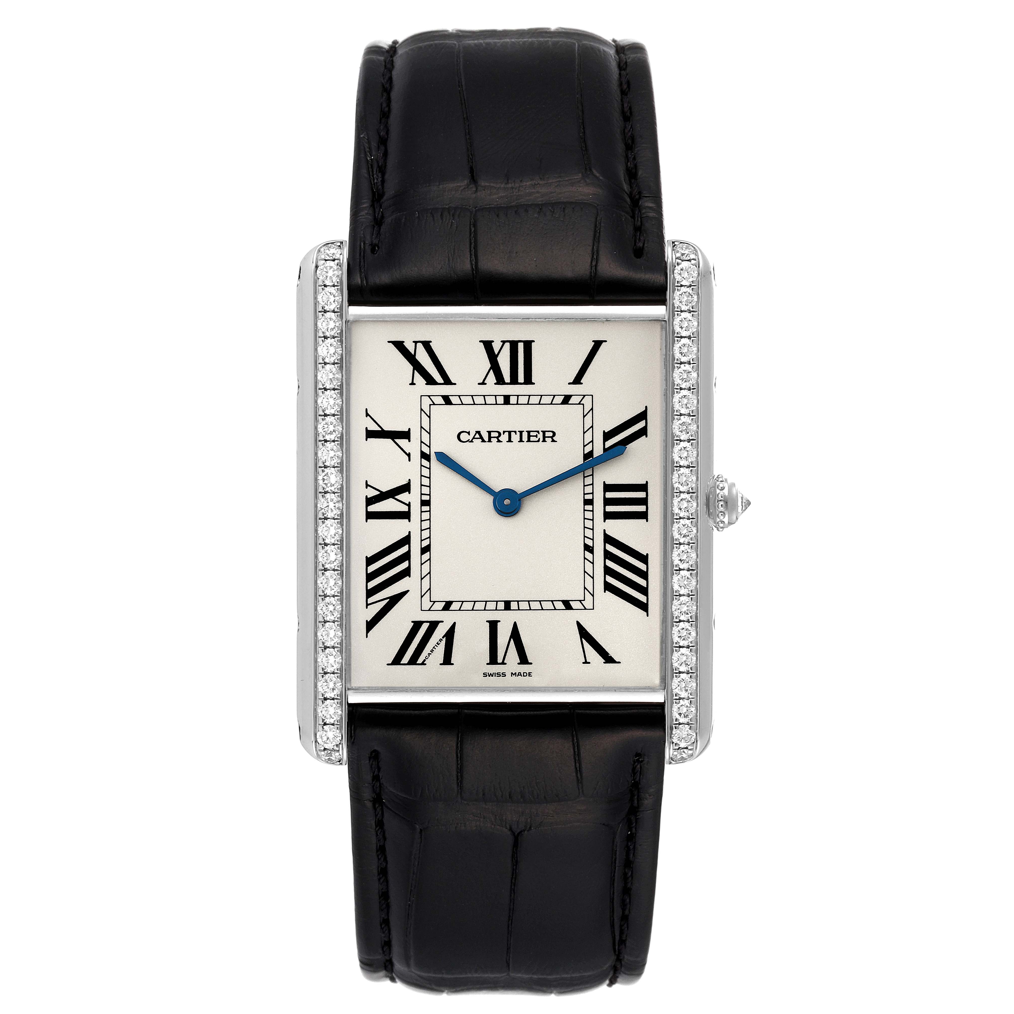 This image shows a front view of the Cartier Tank Louis WT200006 Men's White Gold Silver Dial WT200006 Men's White Gold Silver Dial watch, including its black leather strap and rectangular dial.