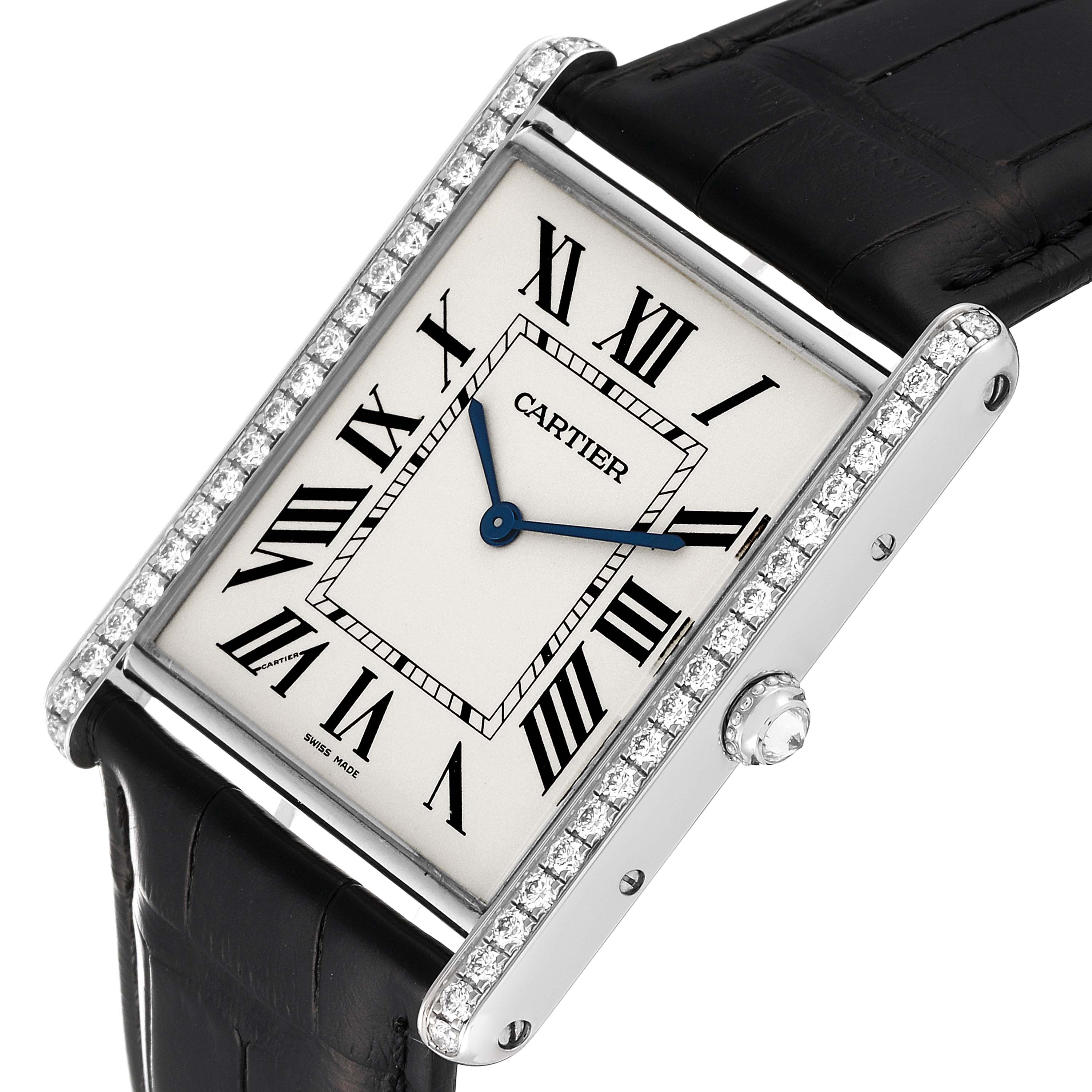 The image shows a Cartier Tank Louis WT200006 Men's White Gold Silver Dial WT200006 Men's White Gold Silver Dial watch at a slight angle, highlighting its diamond-encrusted bezel and black leather strap.