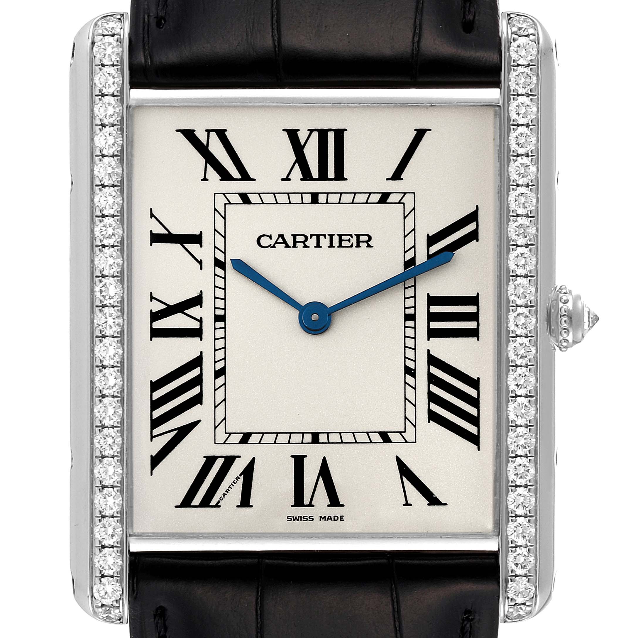 This image shows a frontal view of a Cartier Tank Louis WT200006 Men's White Gold Silver Dial WT200006 Men's White Gold Silver Dial watch, highlighting its rectangular face, Roman numerals, and diamond-studded frame.