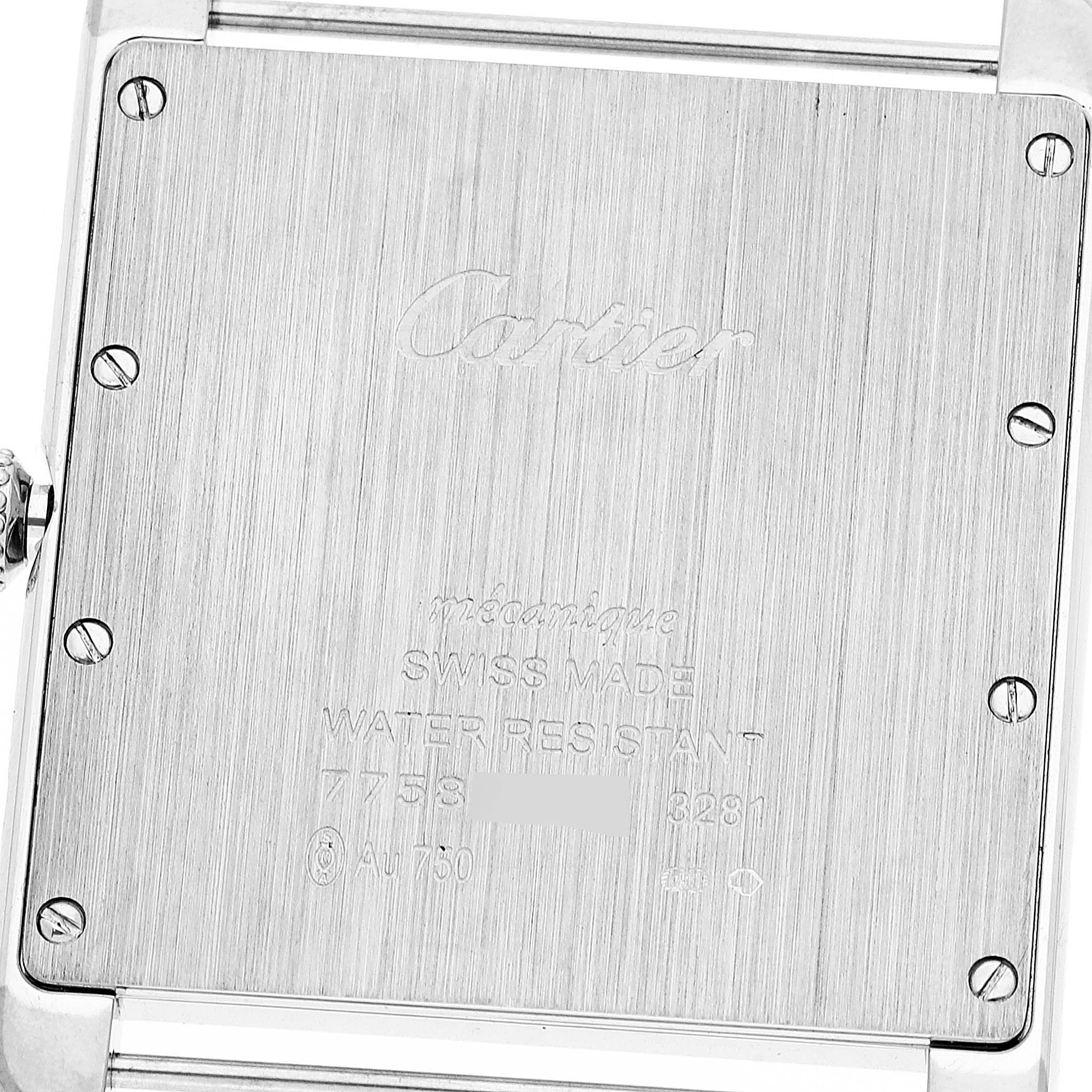 This is the back view of a Cartier Tank Louis WT200006 Men's White Gold Silver Dial WT200006 Men's White Gold Silver Dial watch, showing the case back with engravings and screws.