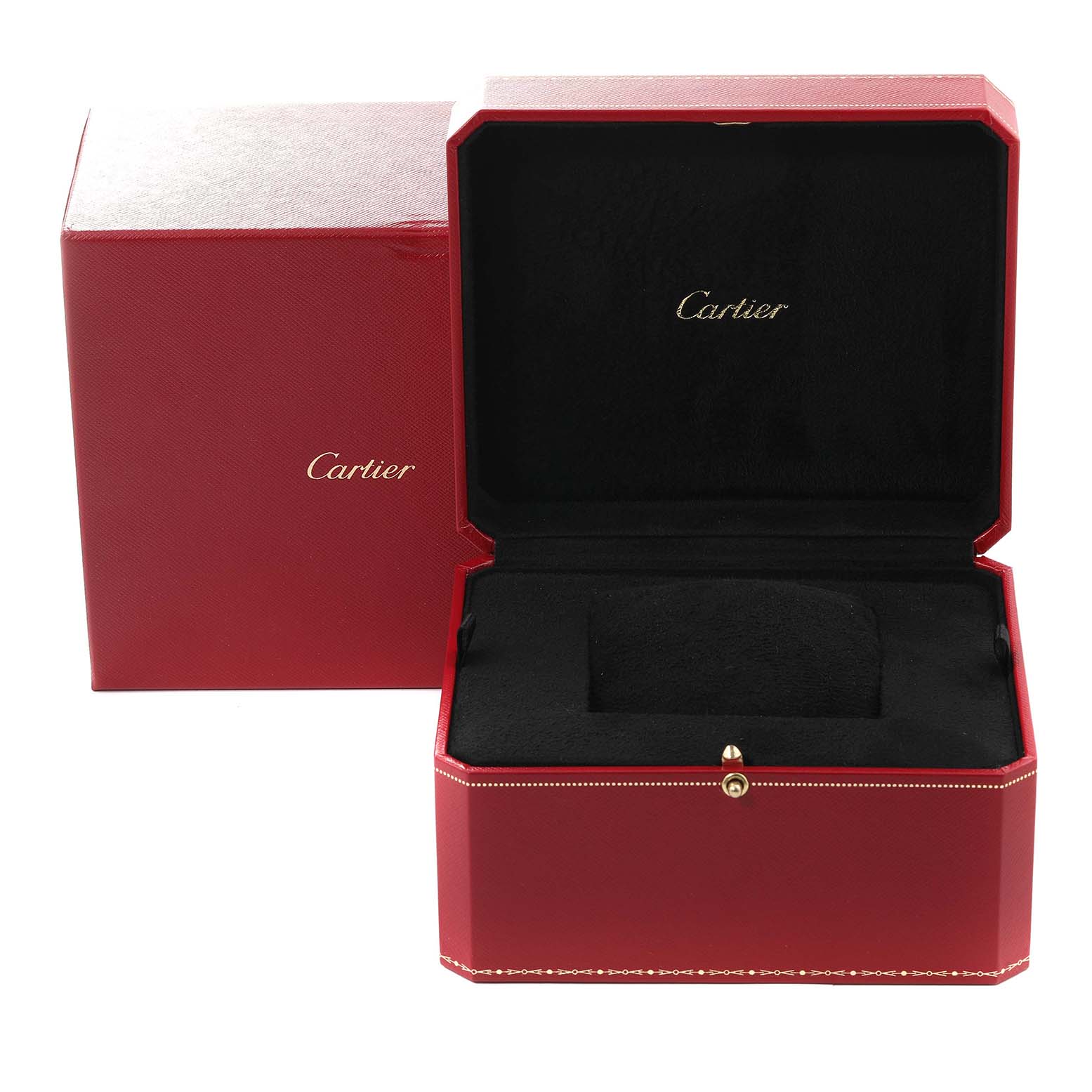 The image shows the red Cartier box for the Tank Louis model watch, with the lid open and the interior visible.