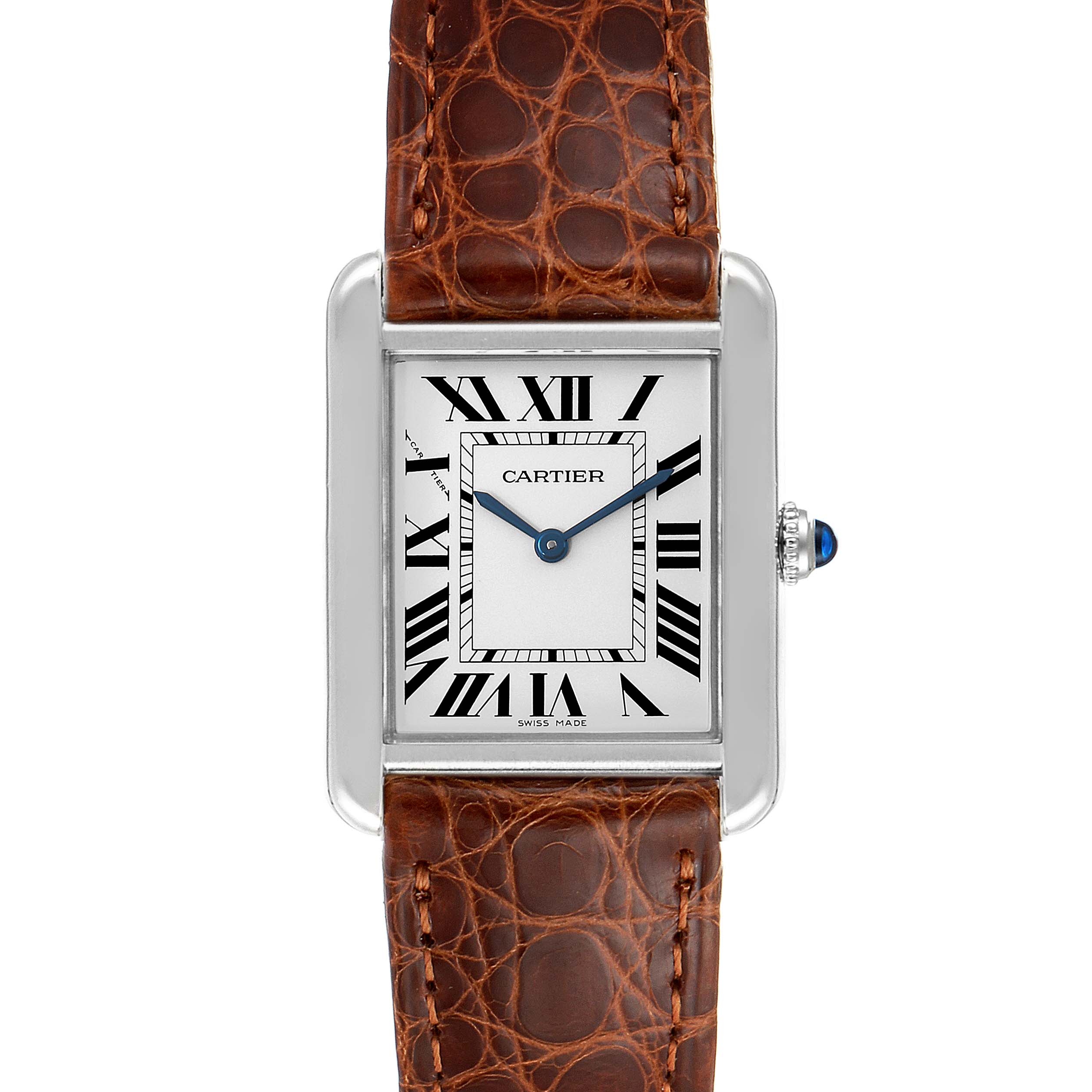 This image shows a front view of the Cartier Tank Solo W1018255 Women's Stainless Steel Silver Dial W1018255 Women's Stainless Steel Silver Dial watch, highlighting its rectangular case, Roman numeral dial, and brown leather strap.