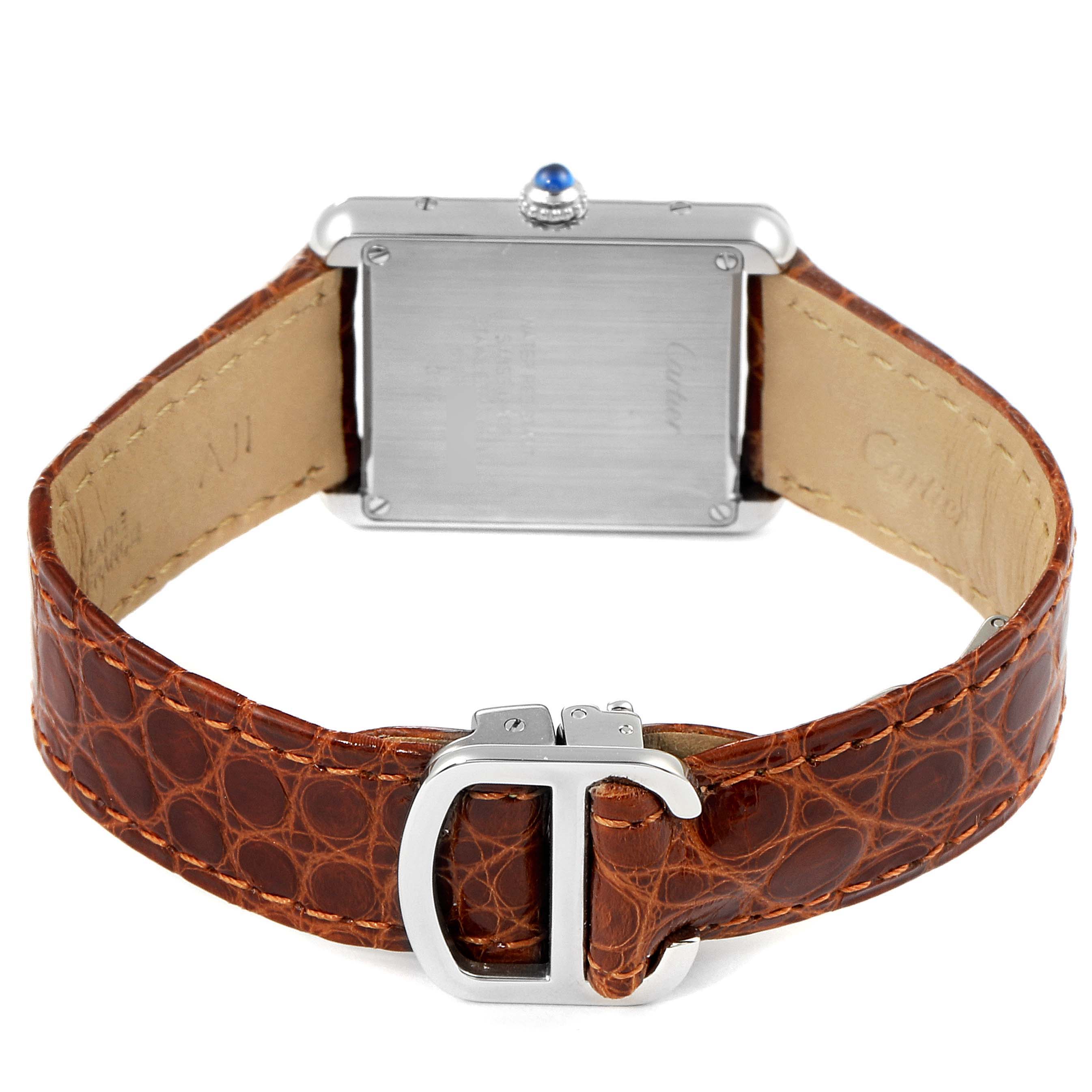 The image shows the back view of a Cartier Tank Solo W1018255 Women's Stainless Steel Silver Dial W1018255 Women's Stainless Steel Silver Dial watch, highlighting the leather strap, clasp, and case.