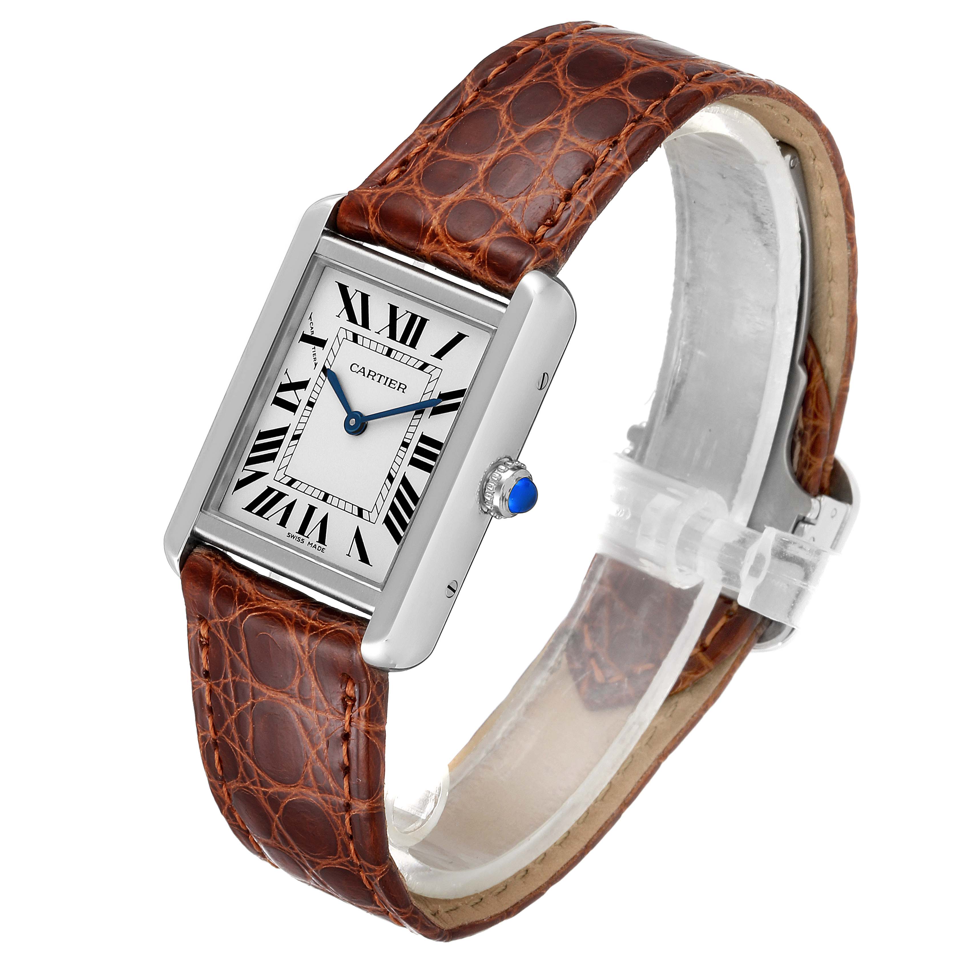 The image shows a Cartier Tank Solo W1018255 Women's Stainless Steel Silver Dial W1018255 Women's Stainless Steel Silver Dial watch from an angled side view, featuring its dial, leather strap, and crown.