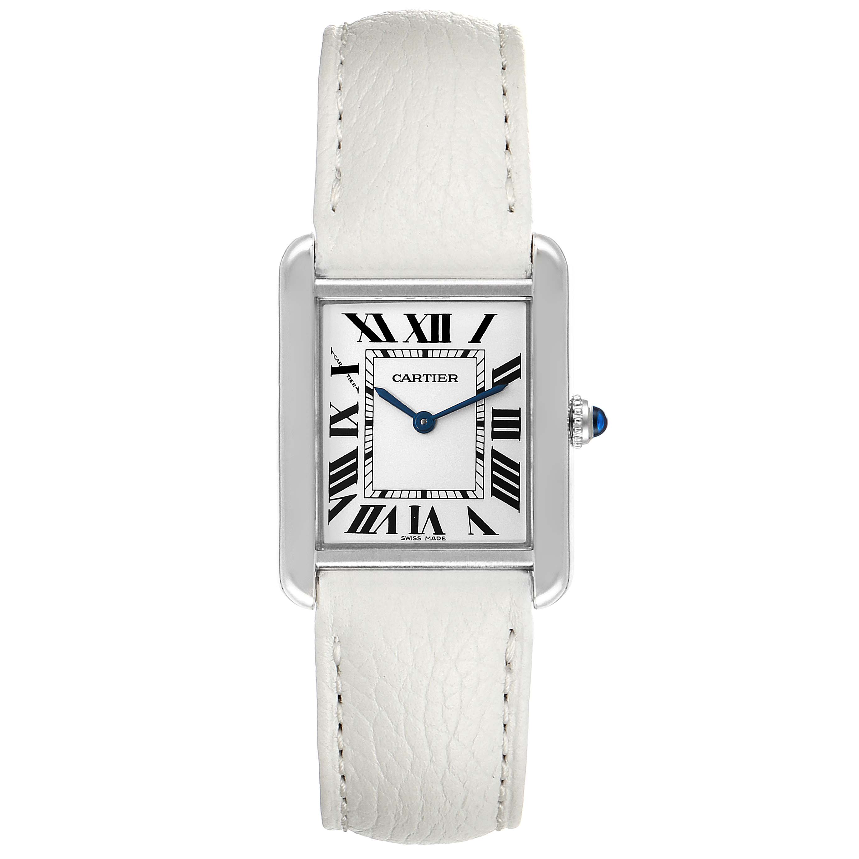 The image shows a front view of the Cartier Tank Solo W1018255 Women's Stainless Steel Silver Dial W1018255 Women's Stainless Steel Silver Dial watch, displaying its rectangular face, white leather strap, and Roman numeral dial.