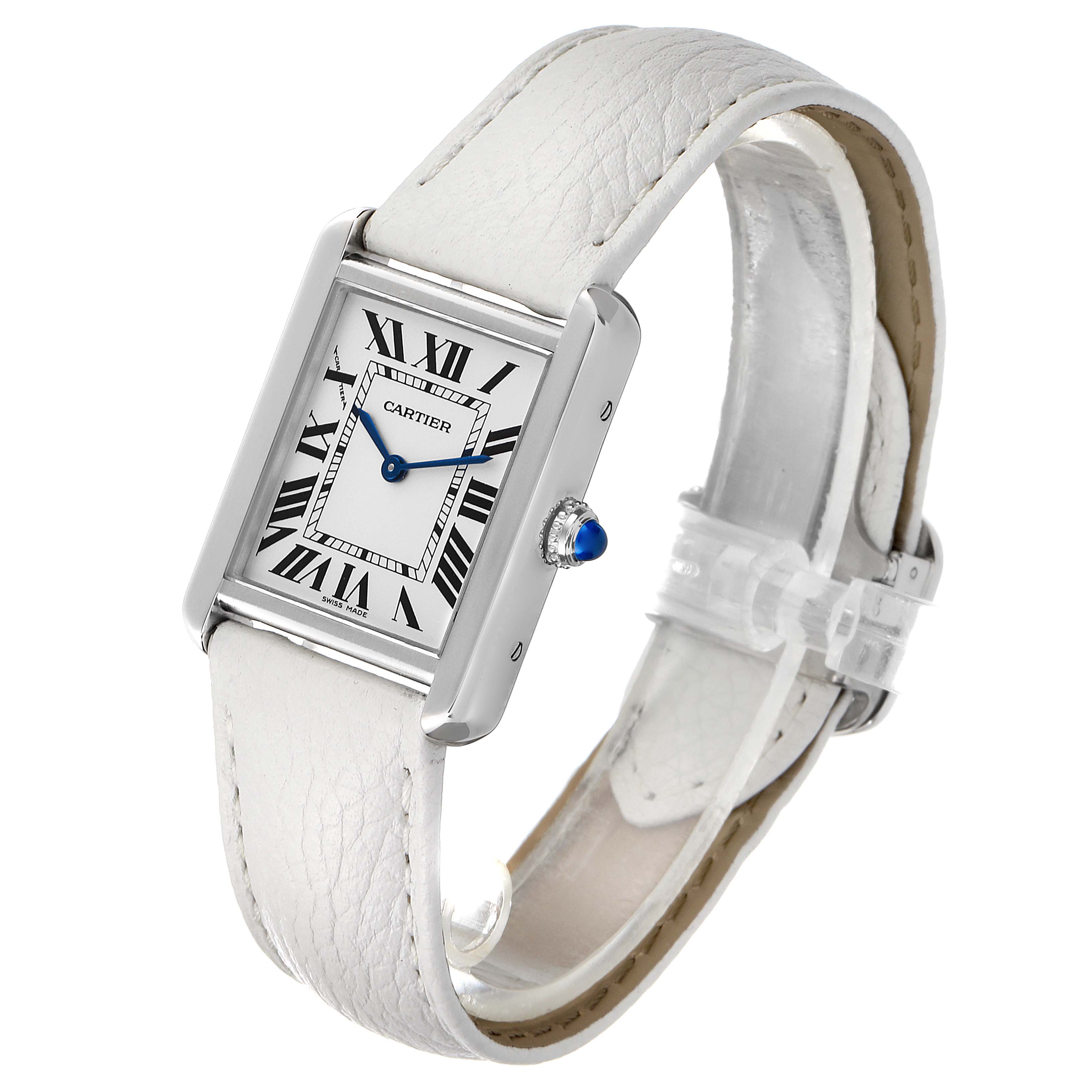 This image shows a Cartier Tank Solo W1018255 Women's Stainless Steel Silver Dial W1018255 Women's Stainless Steel Silver Dial watch from a three-quarter angle, highlighting its white leather strap and rectangular face.