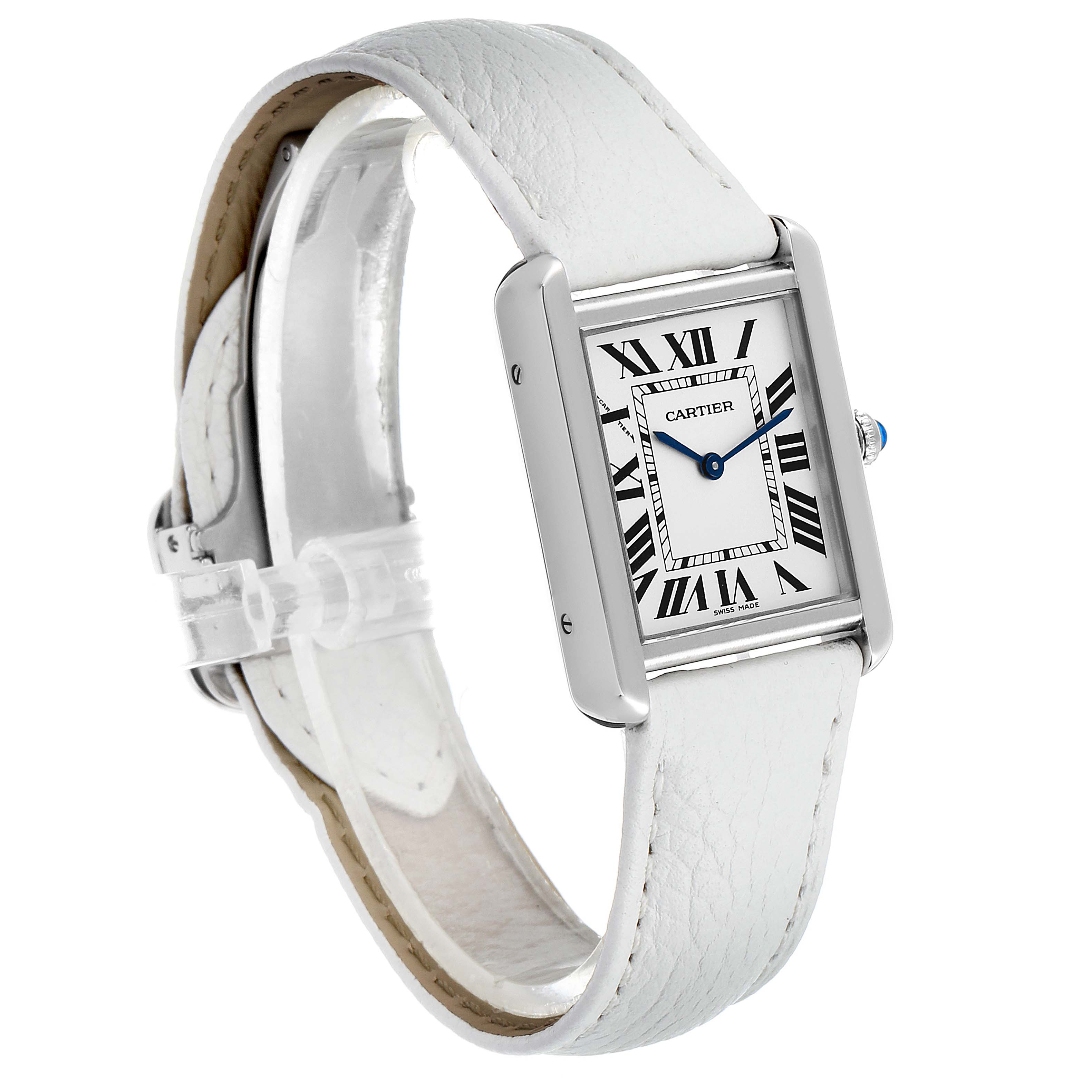 The image shows a Cartier Tank Solo W1018255 Women's Stainless Steel Silver Dial W1018255 Women's Stainless Steel Silver Dial watch angled from the front-left side, displaying the dial, case, and white leather strap.
