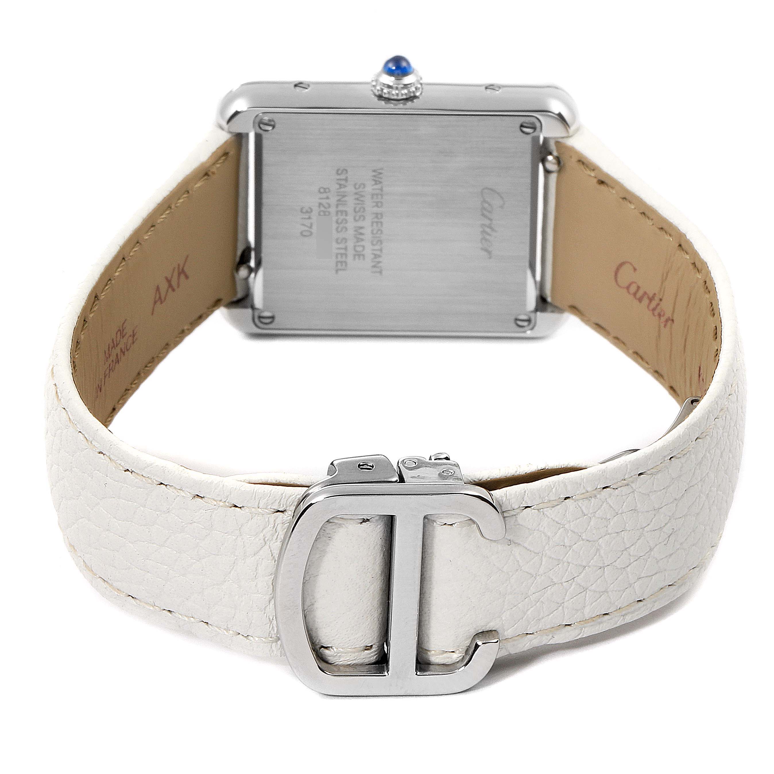 The image shows the back view of a Cartier Tank Solo W1018255 Women's Stainless Steel Silver Dial W1018255 Women's Stainless Steel Silver Dial watch, highlighting its buckle, case back, and part of the strap.