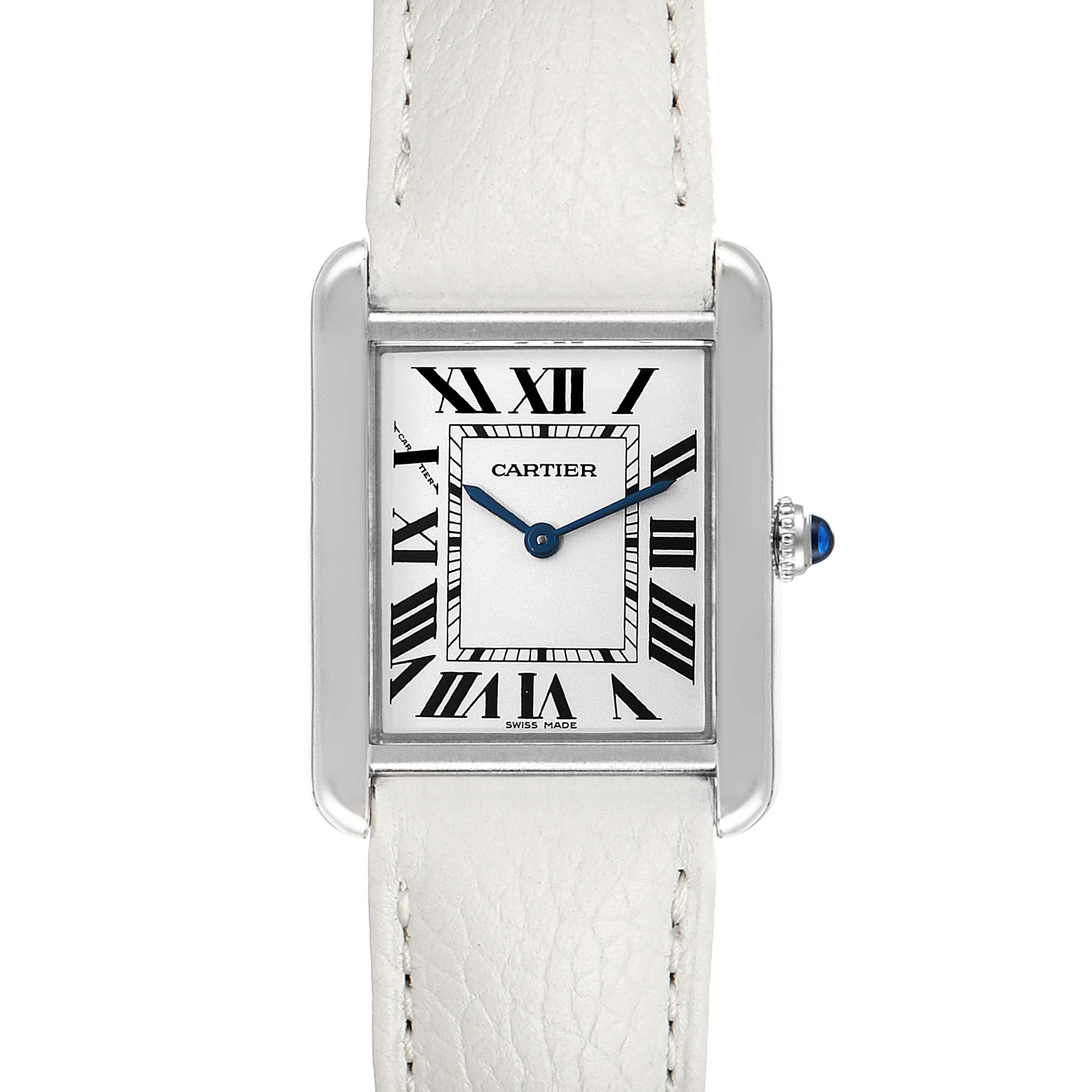 This image shows a full frontal view of a Cartier Tank Solo W1018255 Women's Stainless Steel Silver Dial W1018255 Women's Stainless Steel Silver Dial watch, highlighting its rectangular dial, Roman numerals, and white strap.