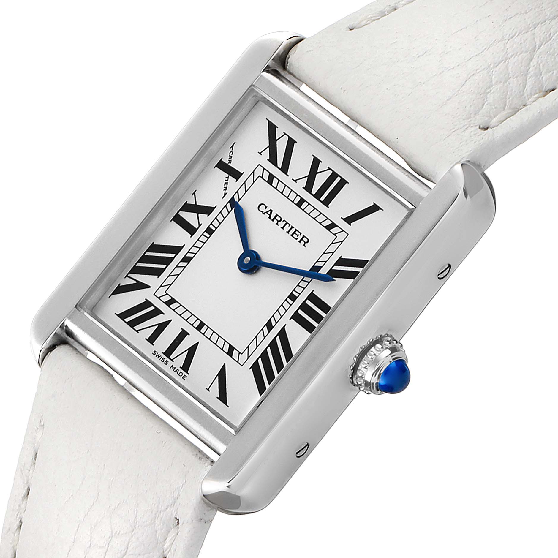 The Cartier Tank Solo W1018255 Women's Stainless Steel Silver Dial W1018255 Women's Stainless Steel Silver Dial watch is shown at an angled side view displaying its face, blue hands, and white leather strap.