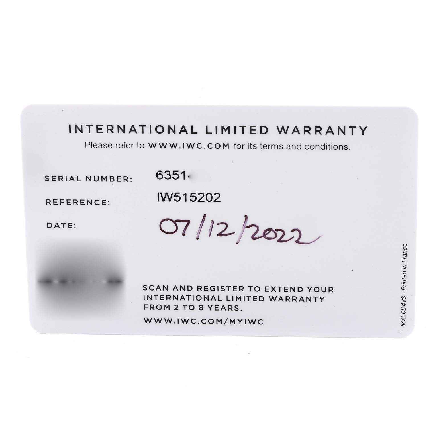 The image shows the International Limited Warranty card for an IWC Pilot IW515202 Men's Stainless Steel Blue Dial IW515202 Men's Stainless Steel Blue Dial model watch.