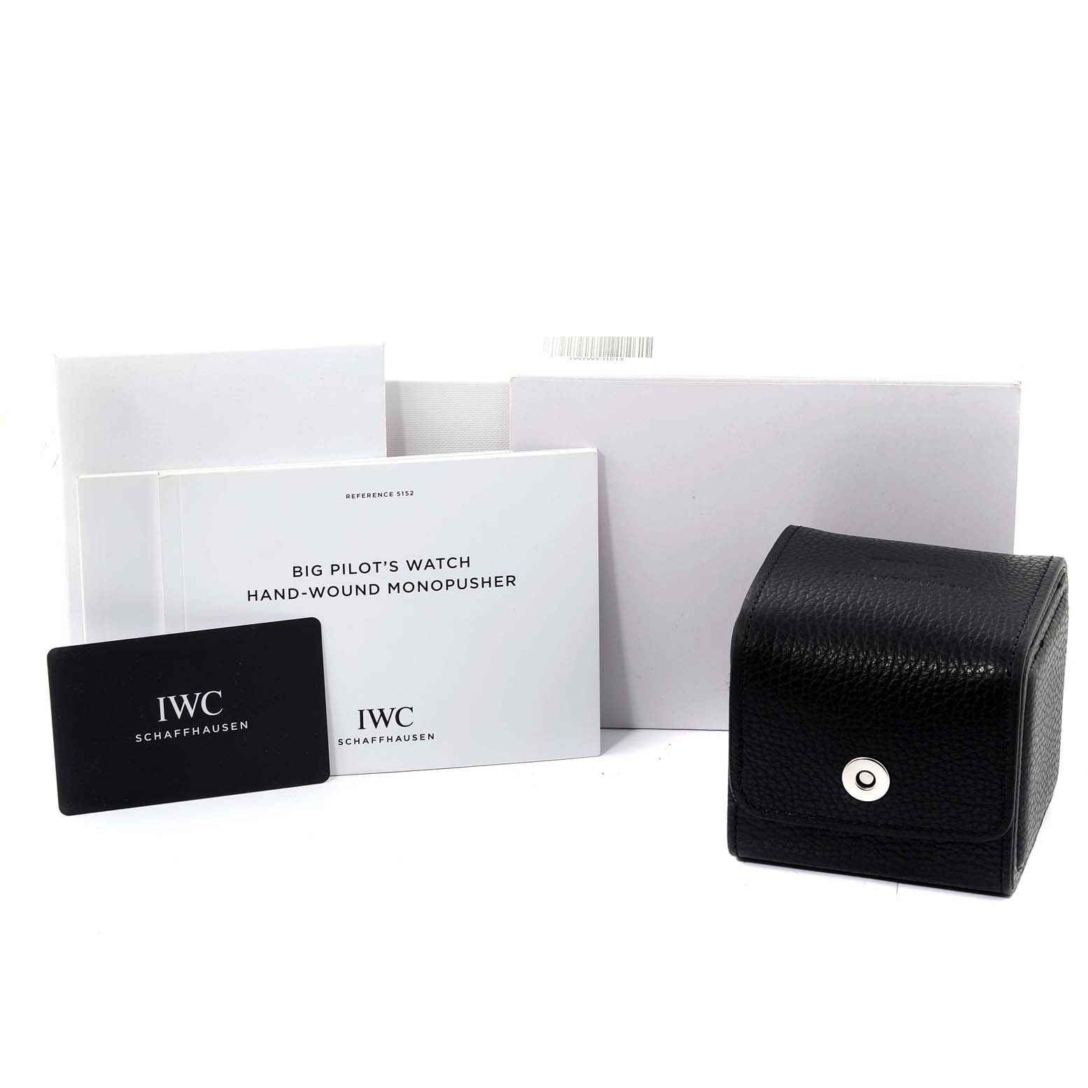 This image shows the packaging, manuals, and storage case for the IWC Pilot IW515202 Men's Stainless Steel Blue Dial IW515202 Men's Stainless Steel Blue Dial's Watch model.