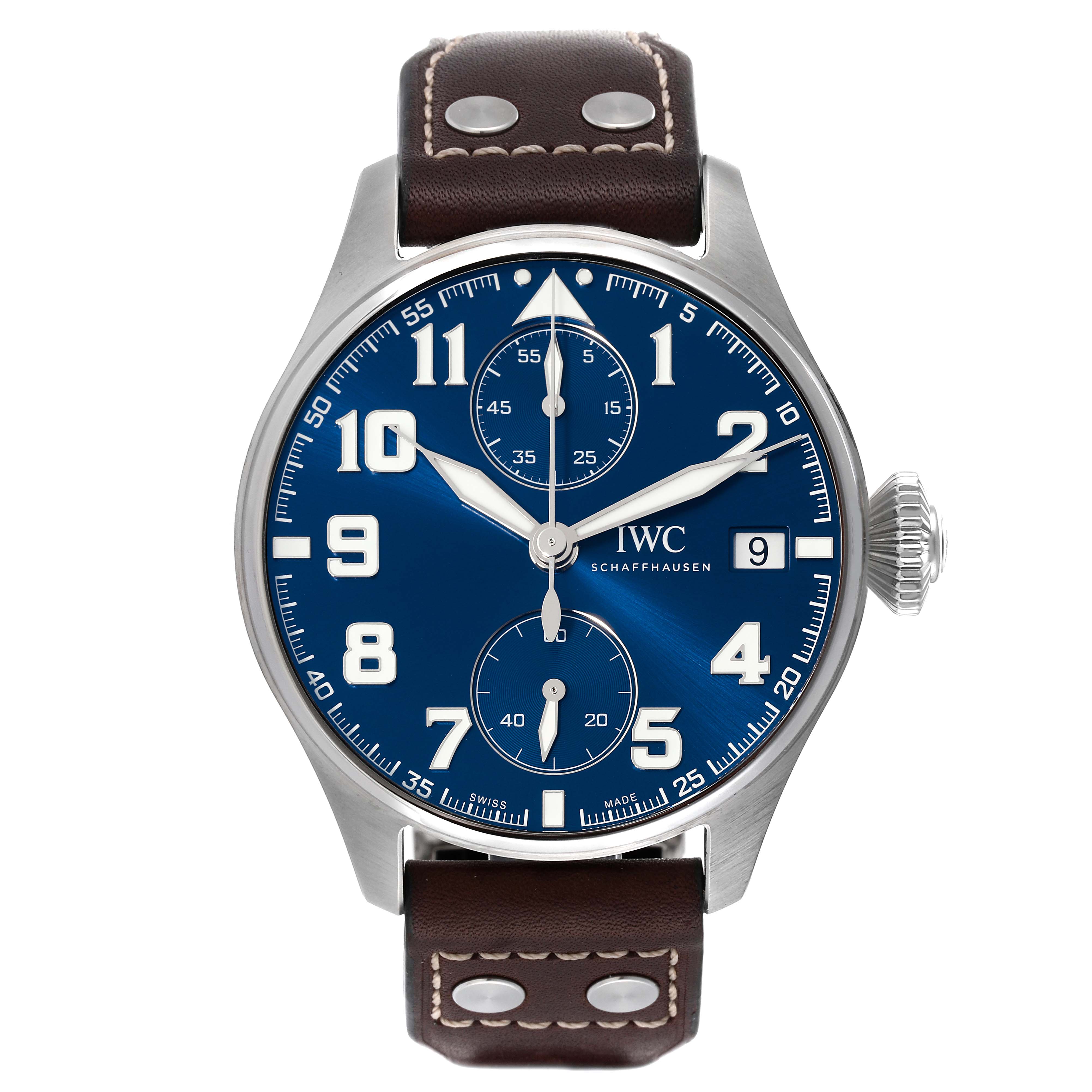 The image shows a frontal view of an IWC Pilot IW515202 Men's Stainless Steel Blue Dial IW515202 Men's Stainless Steel Blue Dial model watch, highlighting its blue dial, numerals, sub-dials, and leather strap.
