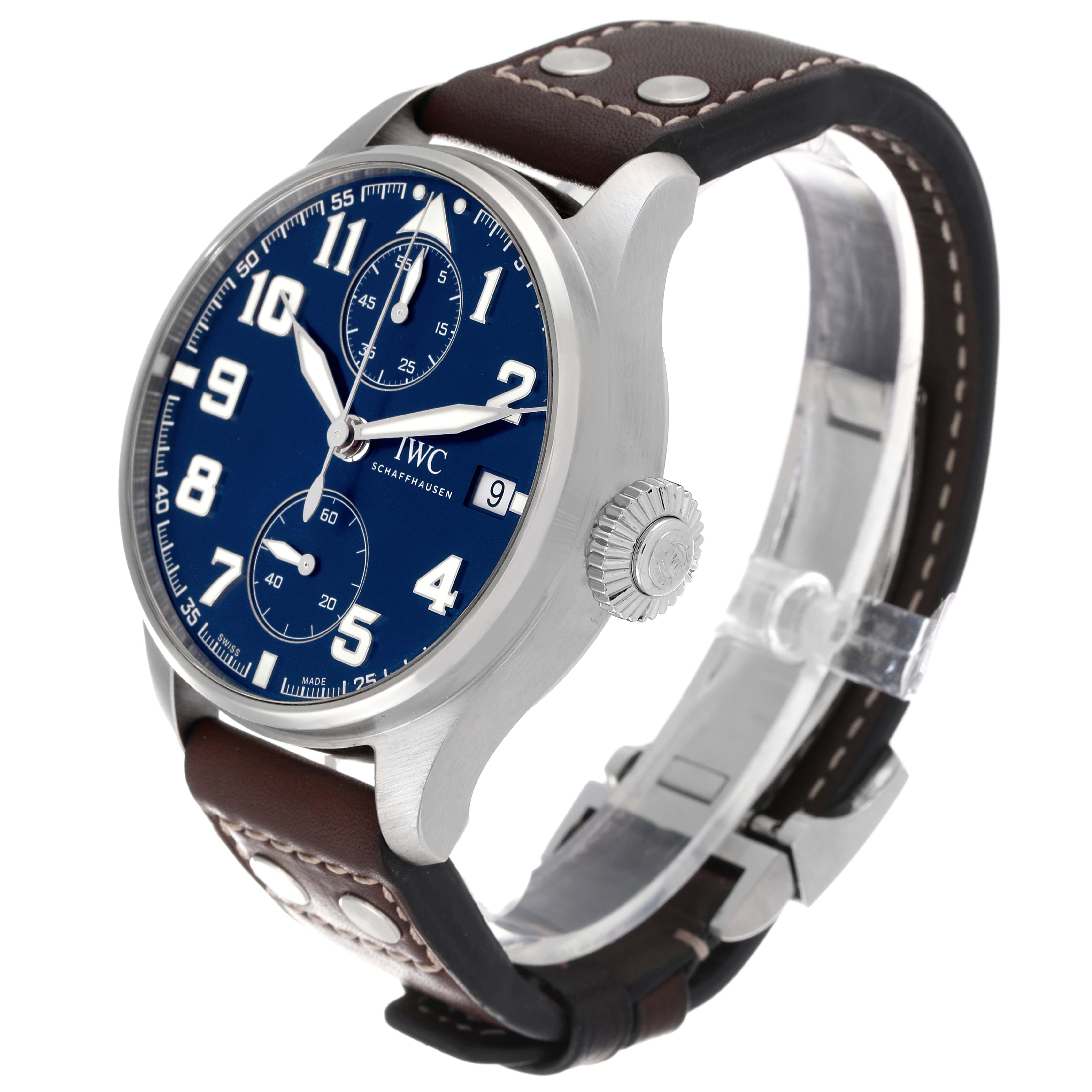 The image shows a side-angle view of the IWC Pilot IW515202 Men's Stainless Steel Blue Dial IW515202 Men's Stainless Steel Blue Dial model watch, displaying the crown, blue dial, and leather strap.