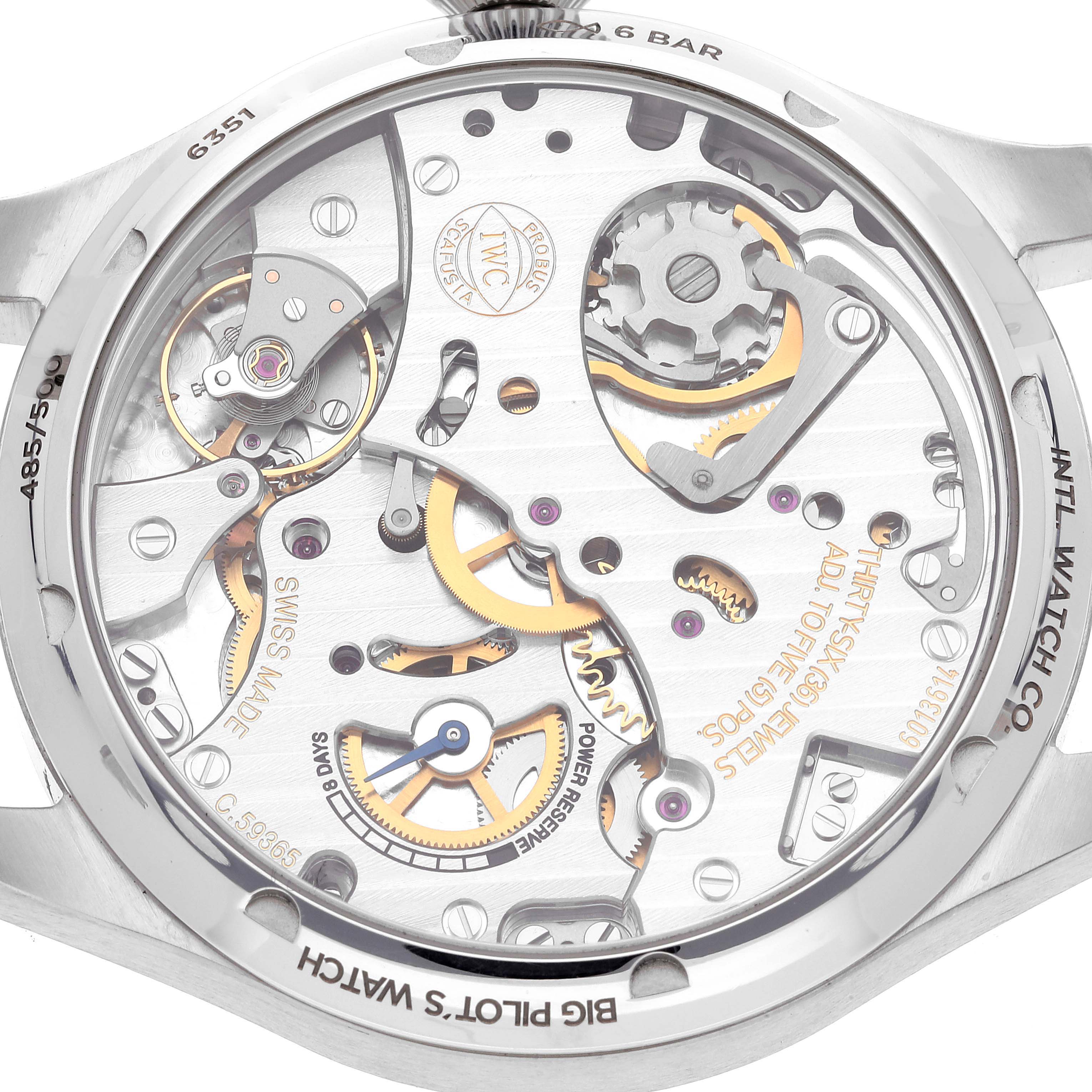 This image shows the back view of the IWC Pilot IW515202 Men's Stainless Steel Blue Dial IW515202 Men's Stainless Steel Blue Dial model watch, revealing its intricate internal mechanics.