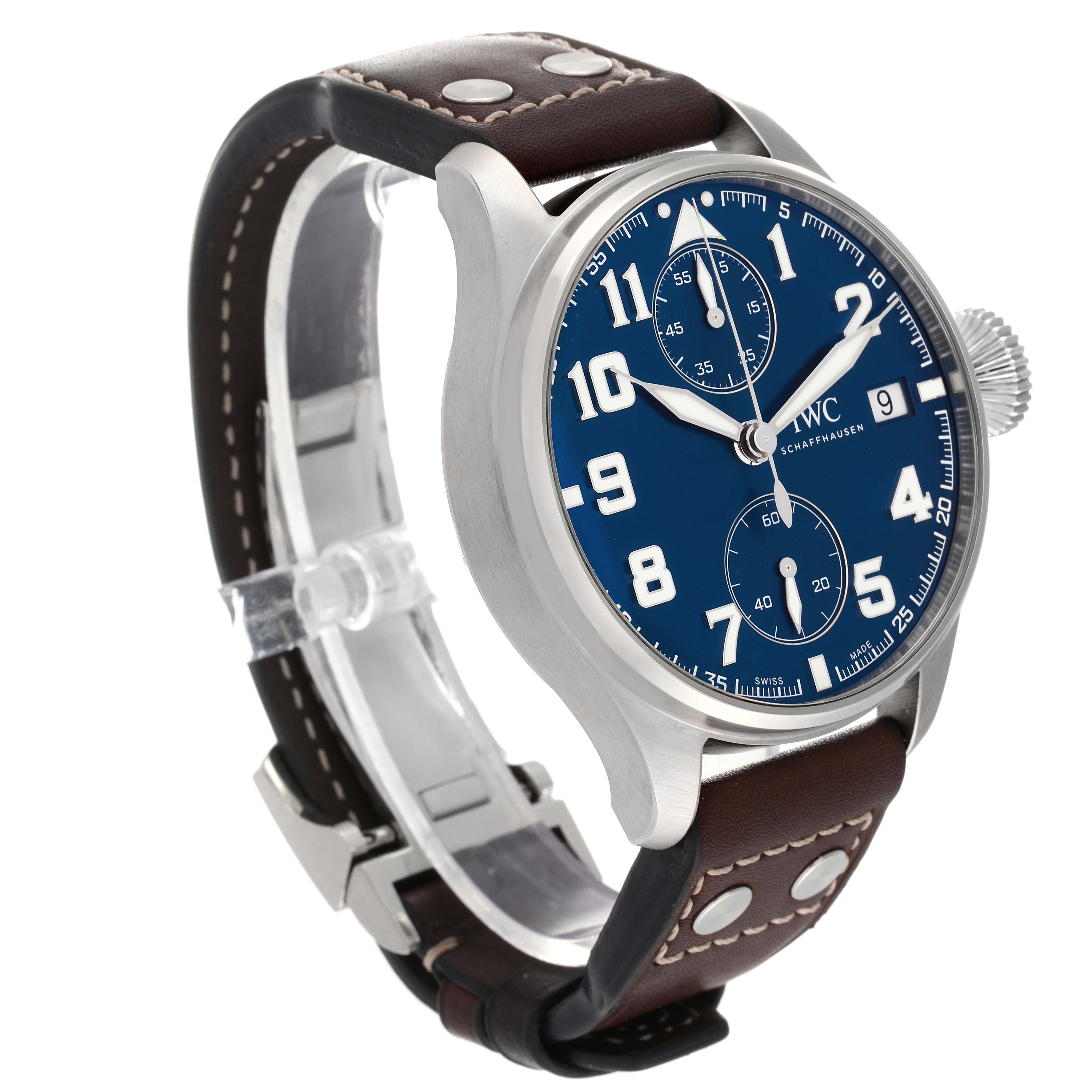 The image shows an angled side view of the IWC Pilot IW515202 Men's Stainless Steel Blue Dial IW515202 Men's Stainless Steel Blue Dial model watch, highlighting its face, strap, and crown.