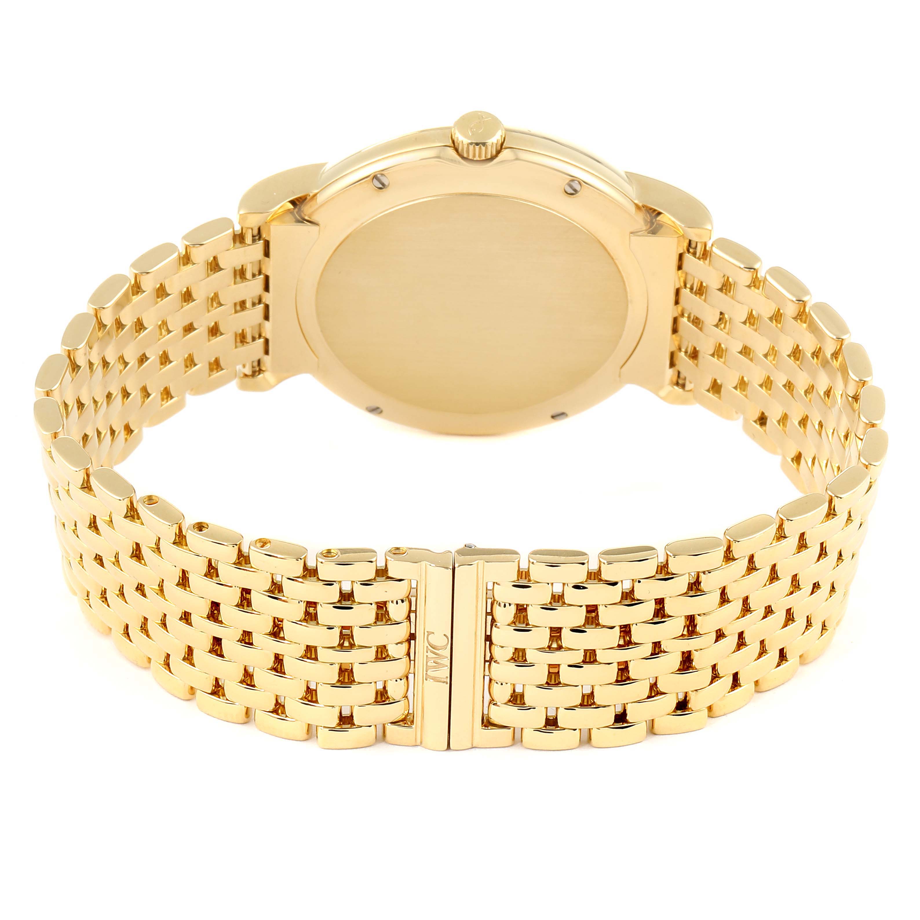 The image shows the back view of a gold IWC Portofino IW925101 Men's White Gold White Dial IW925101 Men's White Gold White Dial watch, highlighting the clasp, case back, and bracelet.