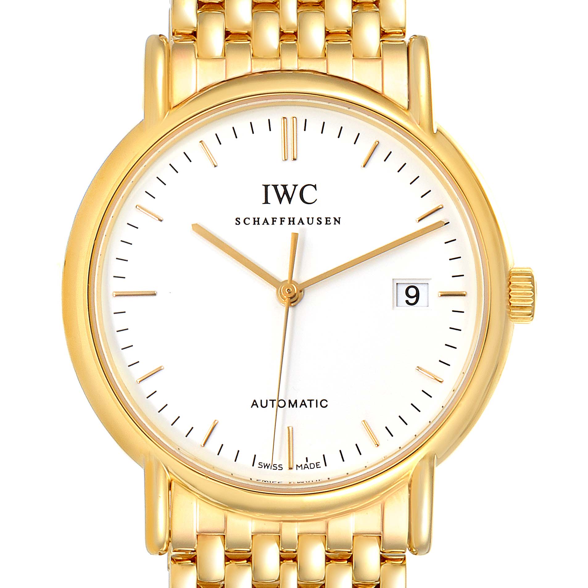 The image shows a front view of the IWC Portofino IW925101 Men's White Gold White Dial IW925101 Men's White Gold White Dial watch, highlighting the dial, hands, crown, and part of the bracelet.