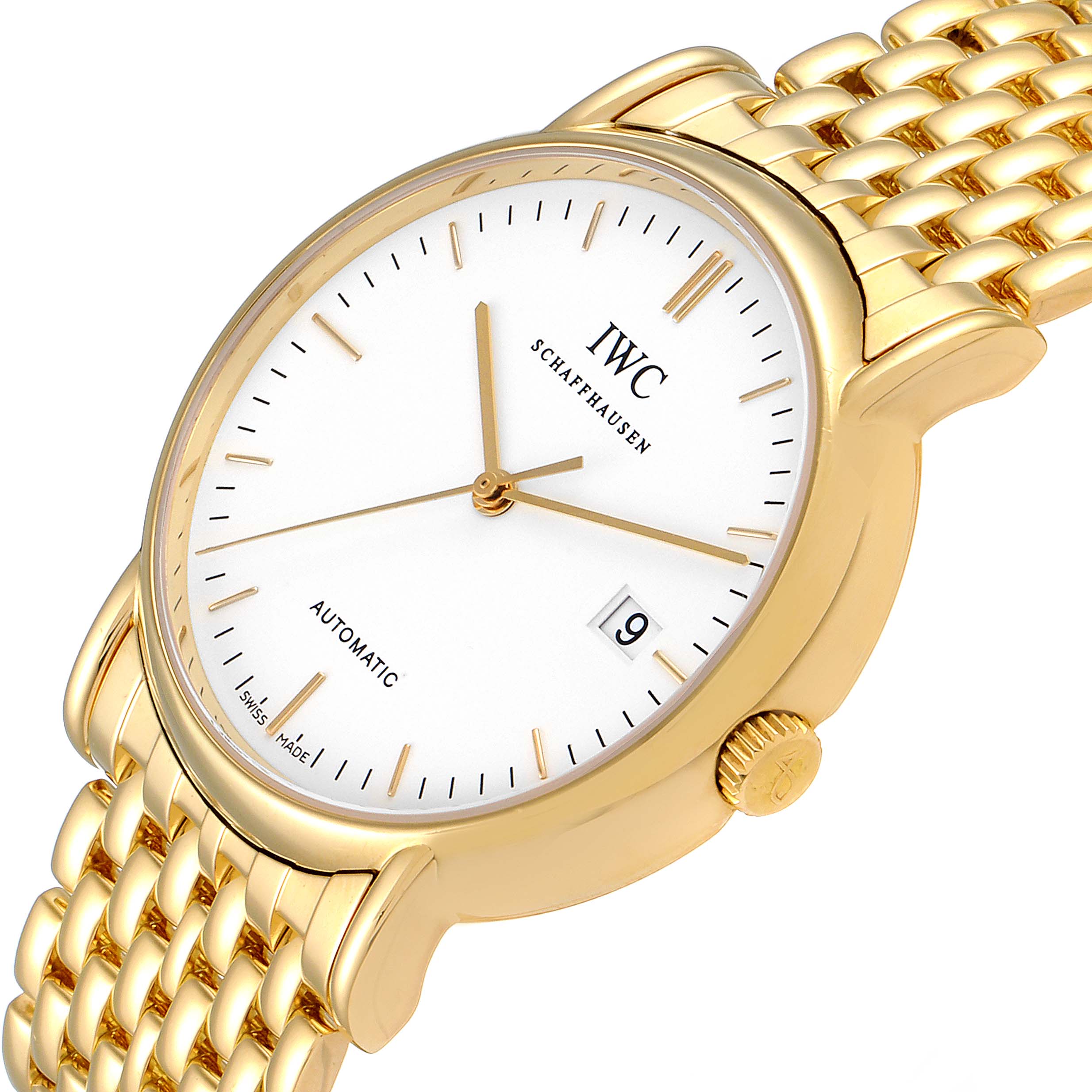 This image shows a close-up angle of the IWC Portofino IW925101 Men's White Gold White Dial IW925101 Men's White Gold White Dial watch, highlighting the face, gold case, crown, and bracelet.