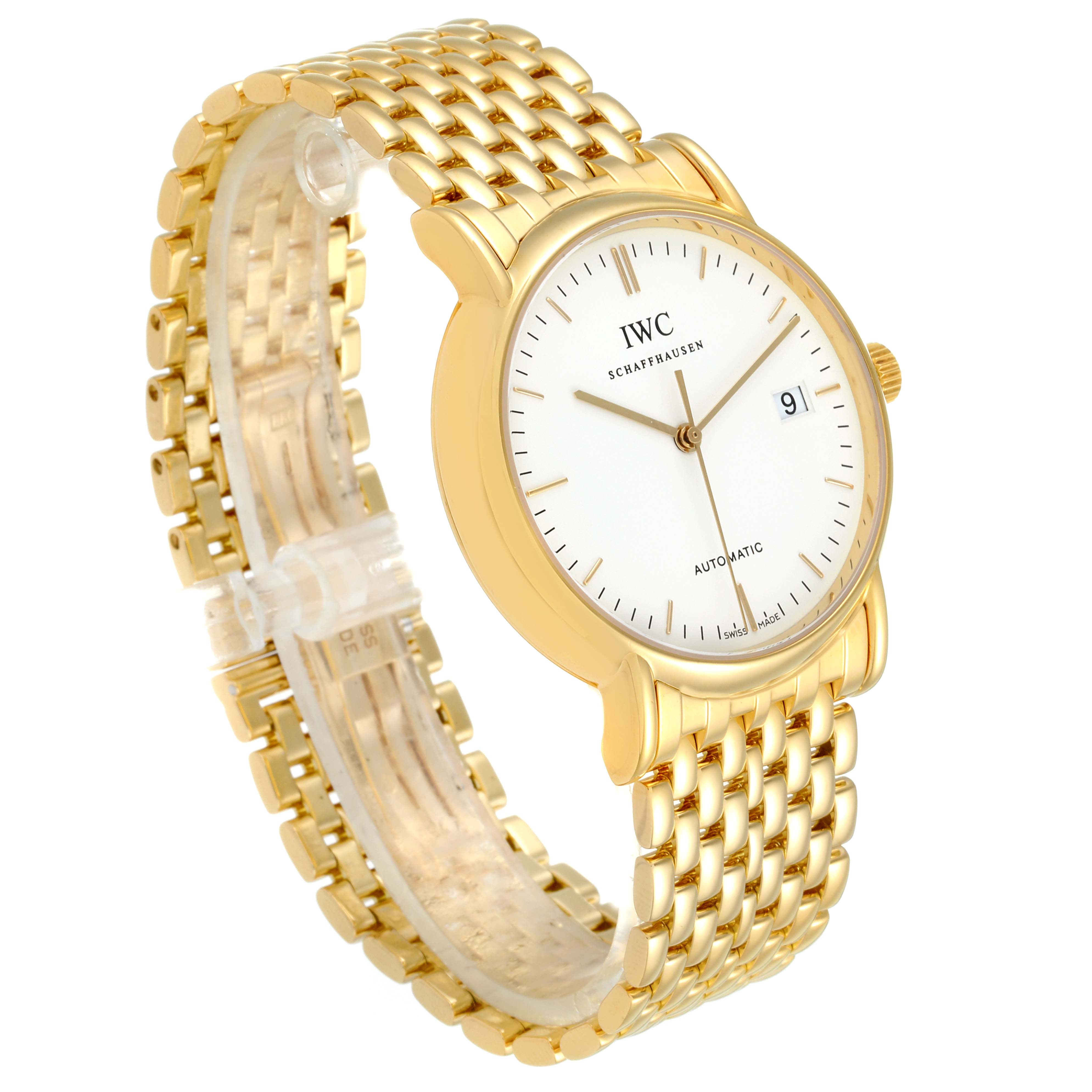 This image shows a gold IWC Portofino IW925101 Men's White Gold White Dial IW925101 Men's White Gold White Dial watch at a three-quarter angle, highlighting its face, bezel, and bracelet.