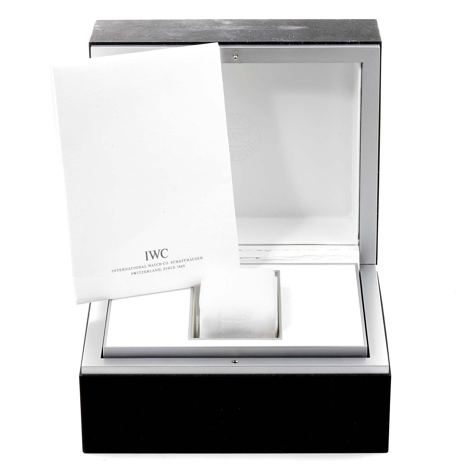 The image shows an open IWC Portofino IW925101 Men's White Gold White Dial IW925101 Men's White Gold White Dial watch box with accompanying documentation in front.