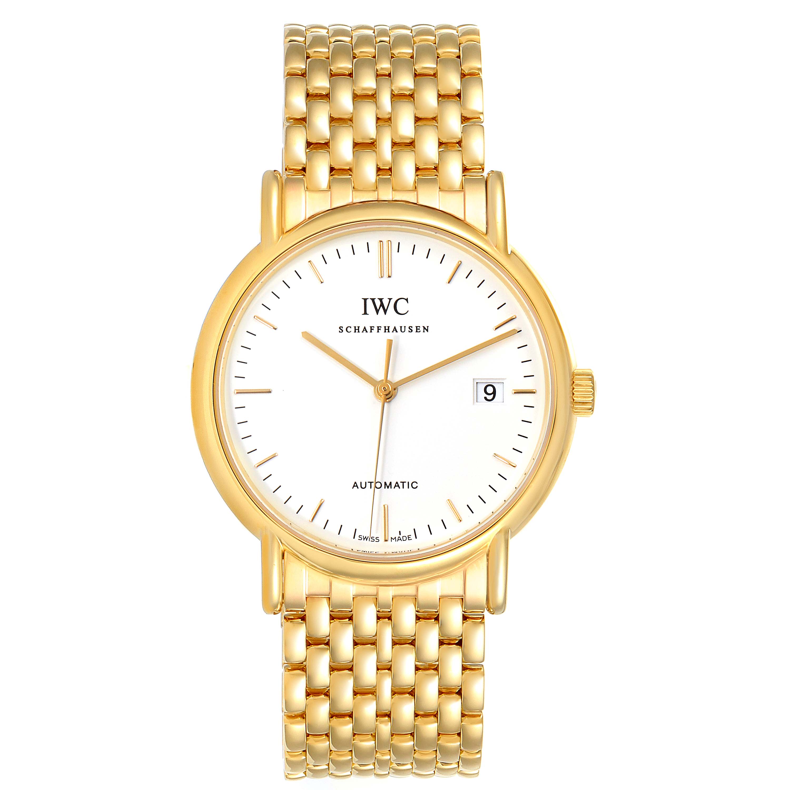 The IWC Portofino IW925101 Men's White Gold White Dial IW925101 Men's White Gold White Dial watch is shown from a front angle, highlighting its gold case, white dial, and gold bracelet.
