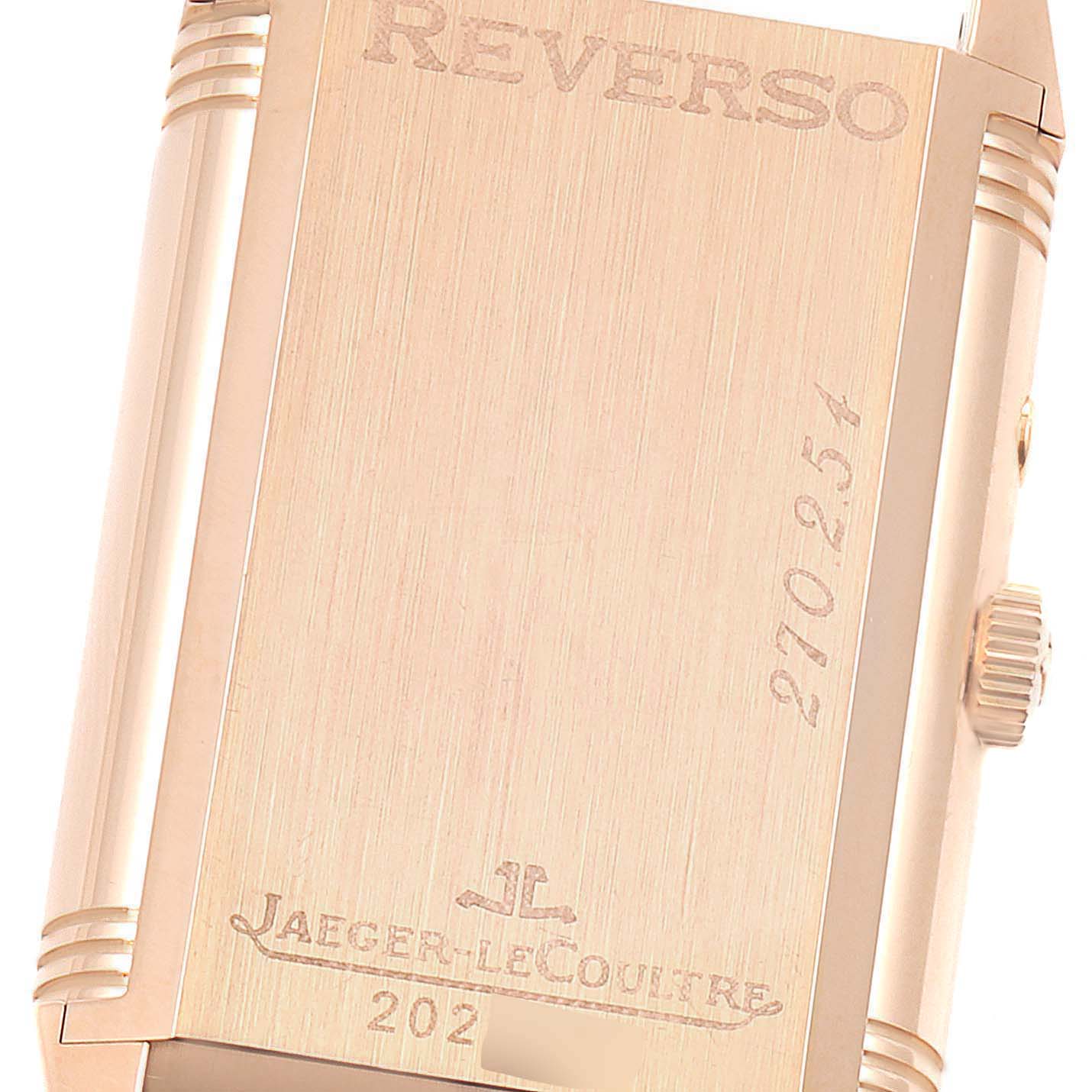 This image shows the back case of the Jaeger LeCoultre Reverso Q270254 Men's Rose Gold Silver Dial Q270254 Men's Rose Gold Silver Dial watch, including the brand engraving and serial number.