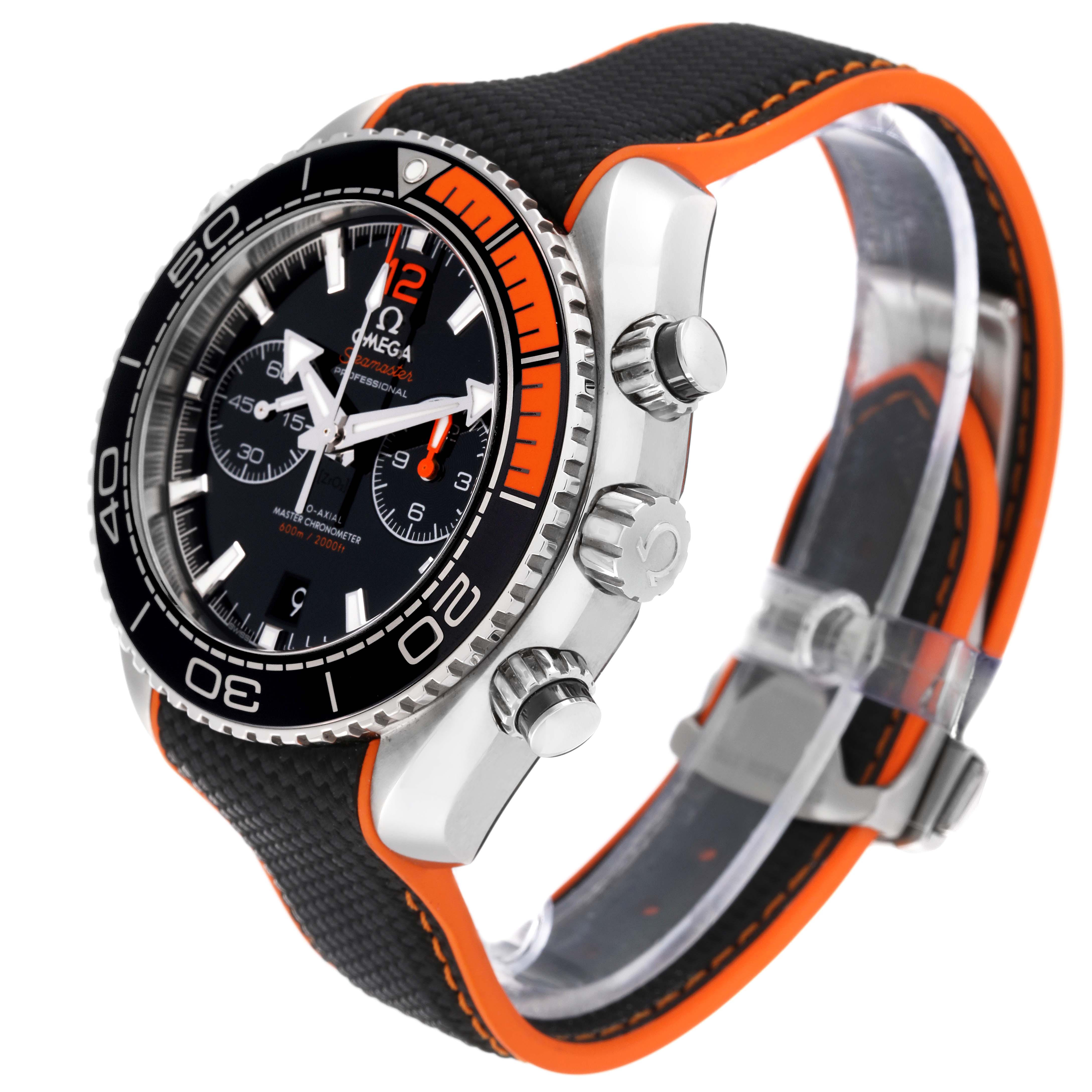 The Omega Planet Ocean 215.32.46.51.01.001 Men
s Stainless Steel Black Dial 215.32.46.51.01.001 Men
s Stainless Steel Black Dial watch is shown at a slight angle, highlighting the face, bezel, crown, pushers, and band.