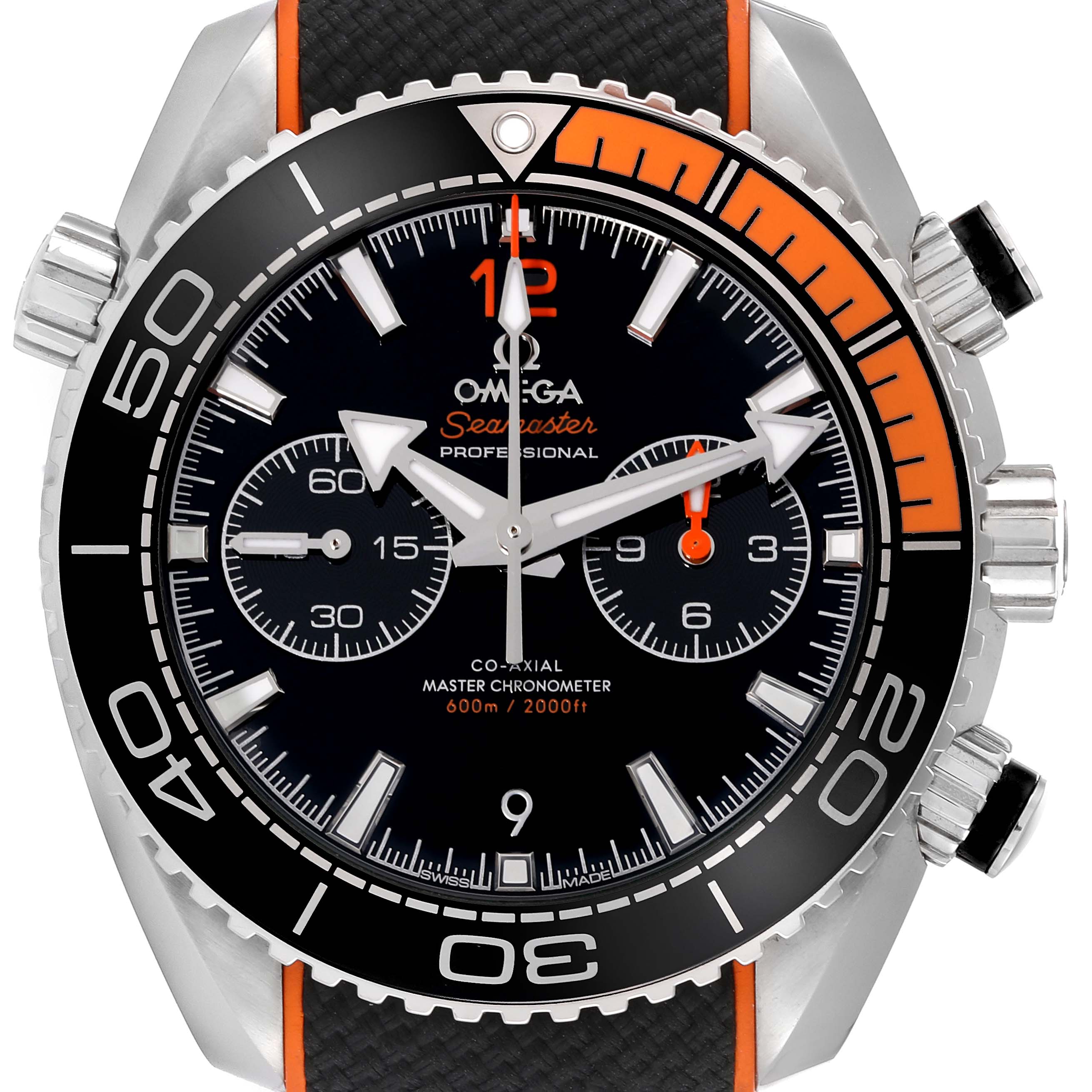 The image shows a front view of the Omega Planet Ocean 215.32.46.51.01.001 Men
s Stainless Steel Black Dial 215.32.46.51.01.001 Men
s Stainless Steel Black Dial watch, highlighting the bezel, dial, and pushers.