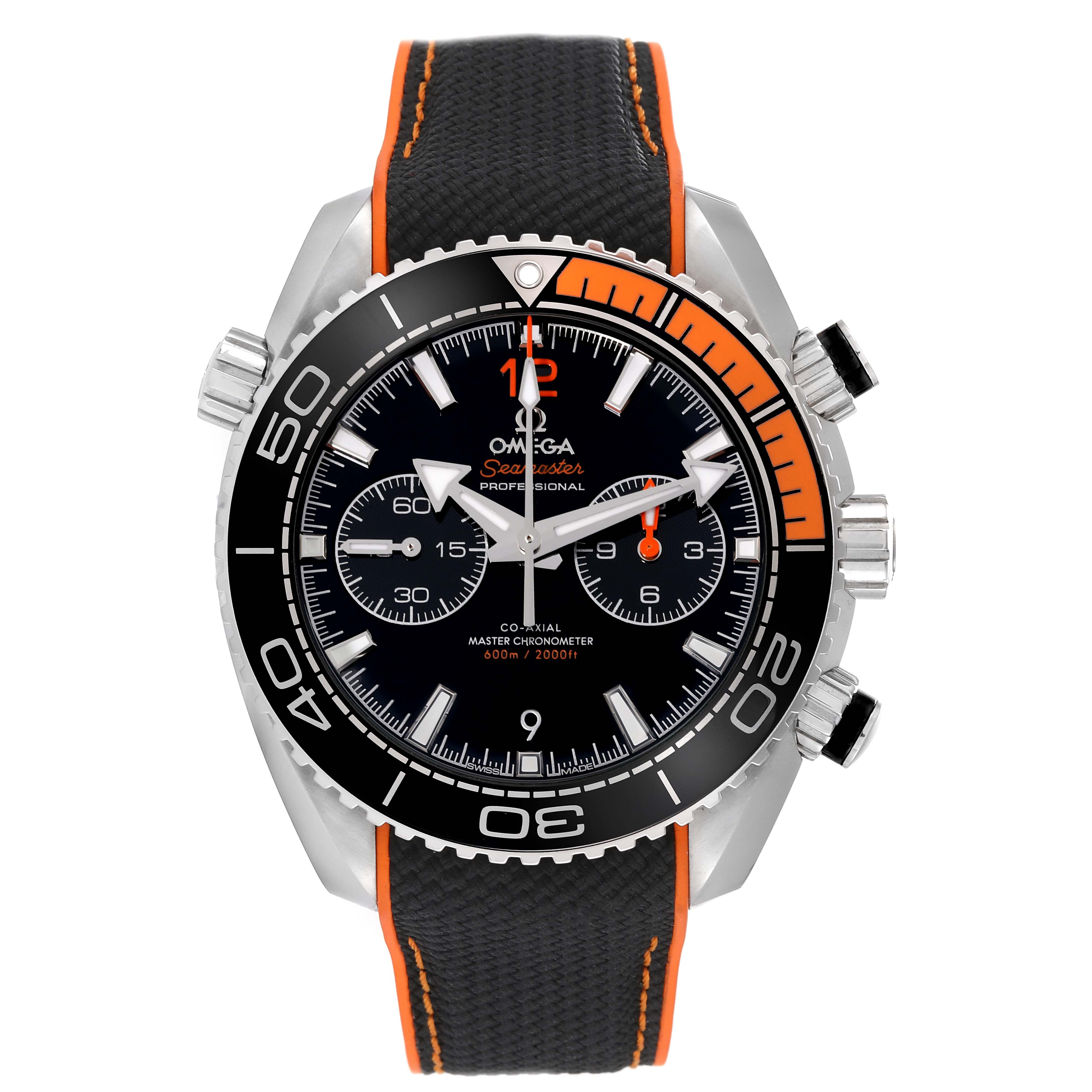 The Omega Planet Ocean 215.32.46.51.01.001 Men
s Stainless Steel Black Dial 215.32.46.51.01.001 Men
s Stainless Steel Black Dial watch is shown from the front, displaying its black dial, bezel, and strap with orange accents.