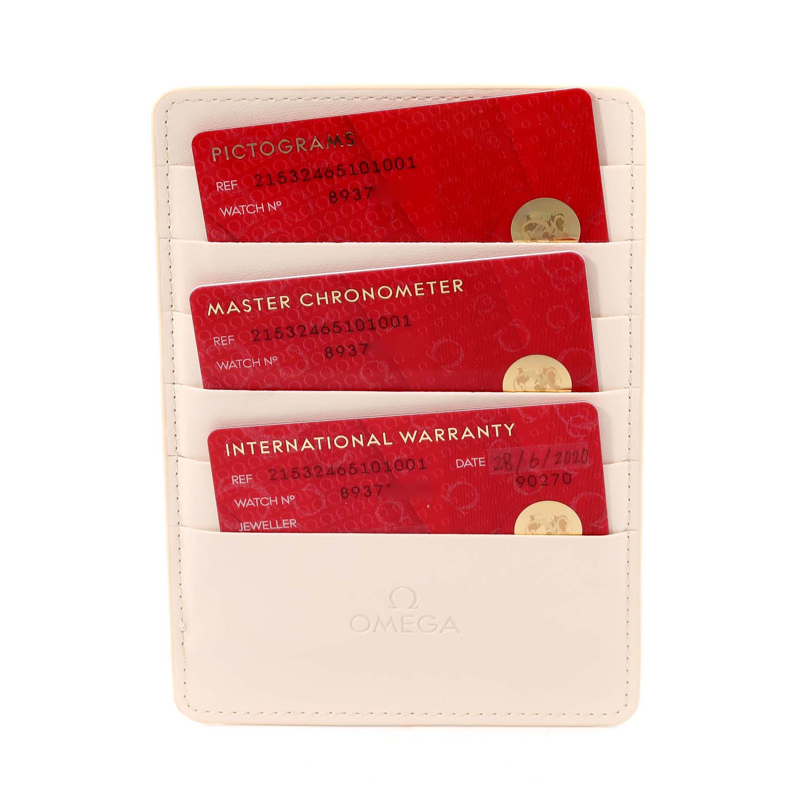 The image shows an Omega Planet Ocean 215.32.46.51.01.001 Men
s Stainless Steel Black Dial 215.32.46.51.01.001 Men
s Stainless Steel Black Dial model
s warranty and certification cards in a white card holder.