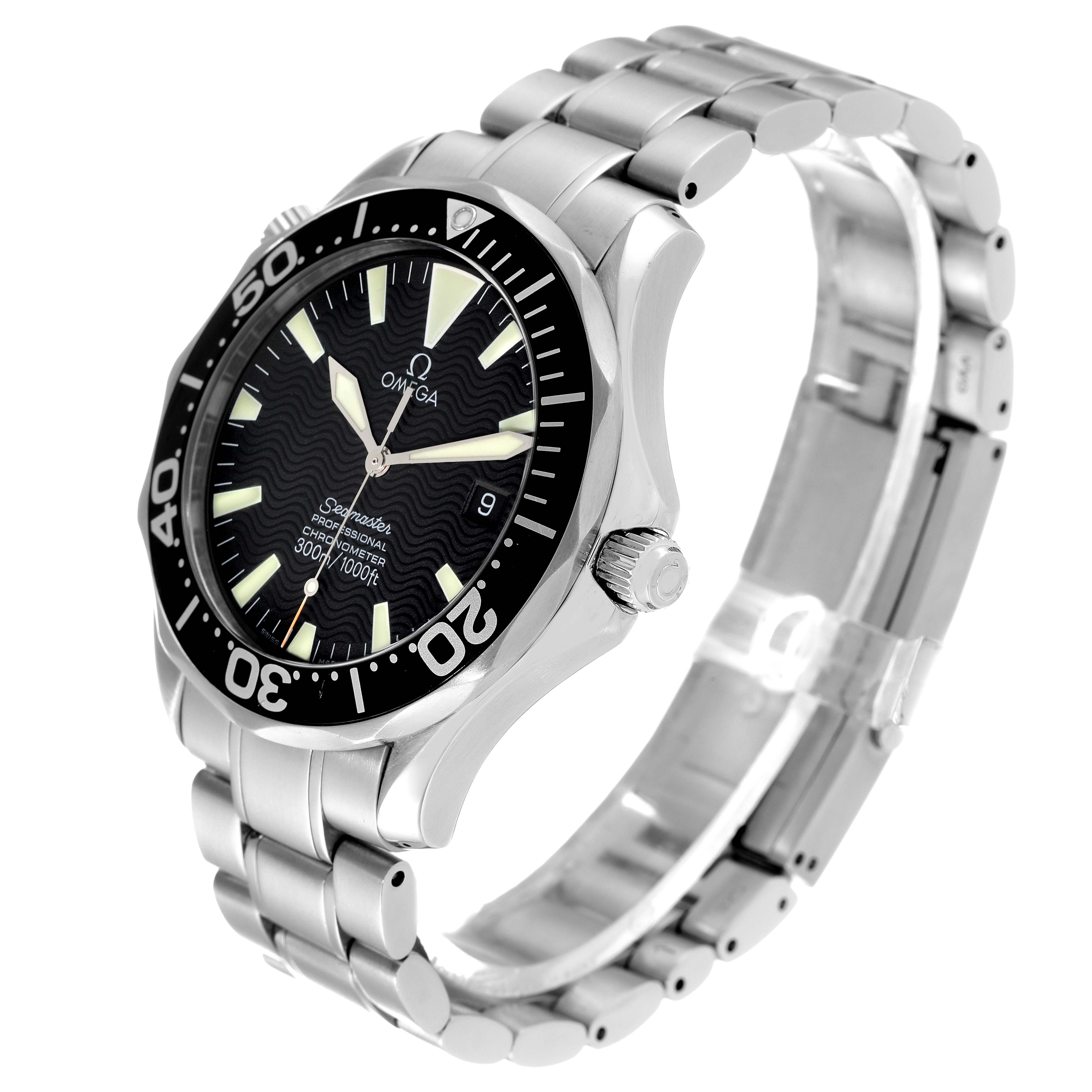 The Omega Seamaster 2254.50.00 Men's Stainless Steel Black Dial 2254.50.00 Men's Stainless Steel Black Dial watch is shown at a three-quarter angle, highlighting the face, bezel, crown, and metal bracelet.